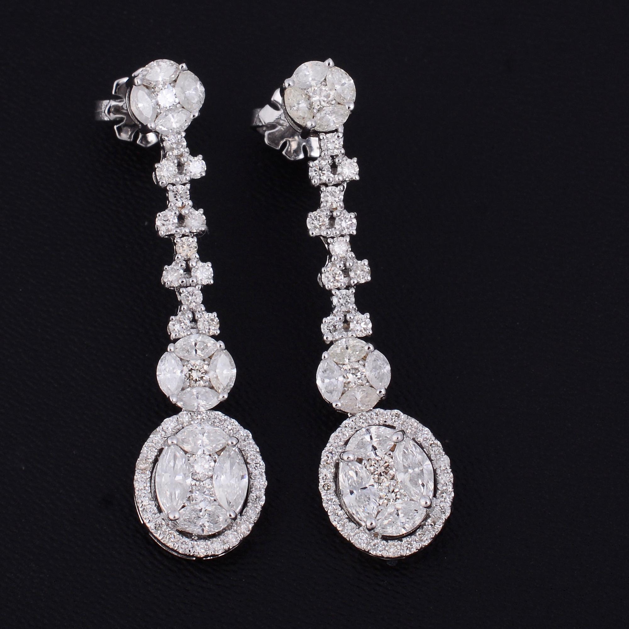 Moderno Orecchini con diamanti rotondi Marquise in oro bianco 14 carati, fatti a mano. in vendita