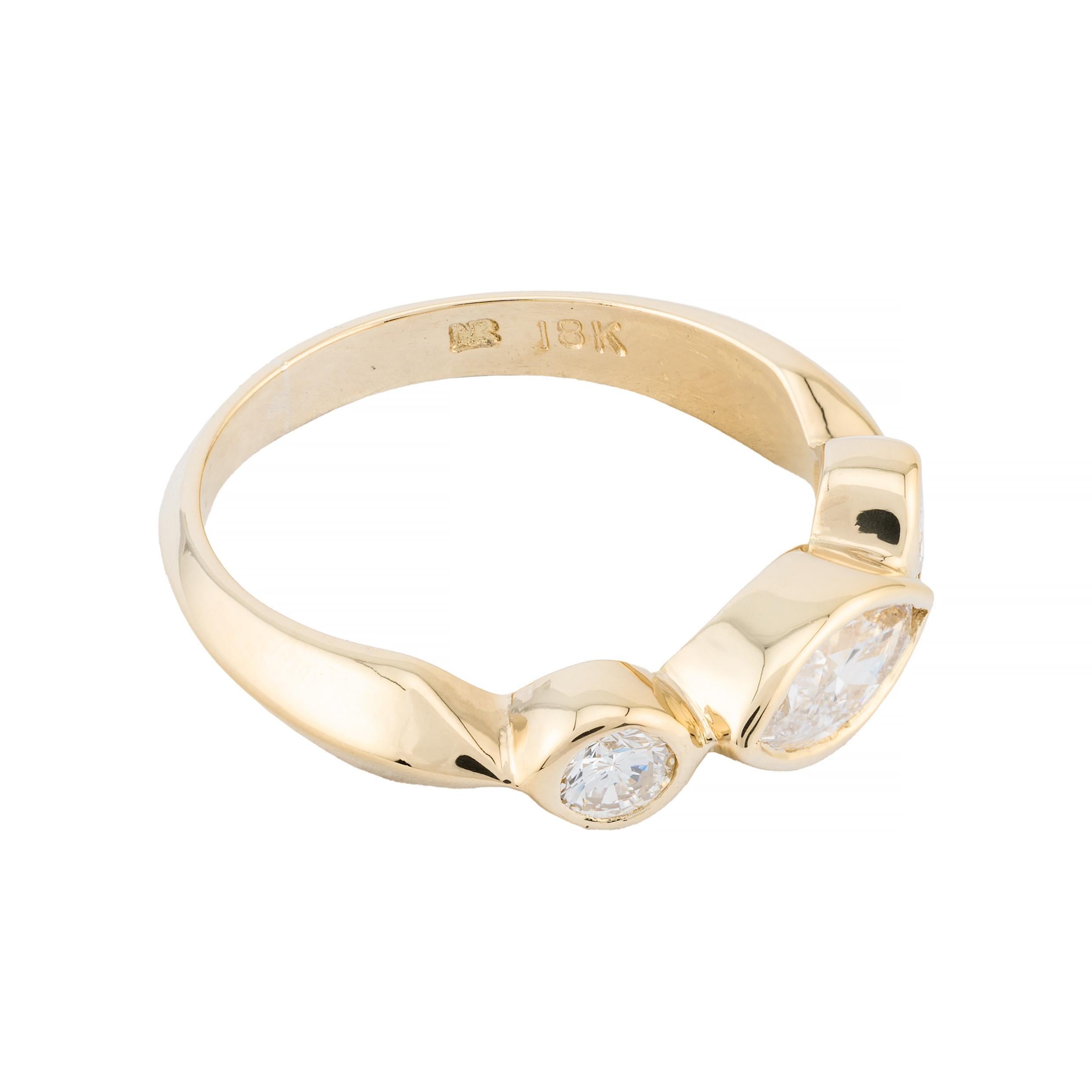 Marquise Cut Marquise & Round Diamond Three Stone Band Ring in 18K Yellow Gold