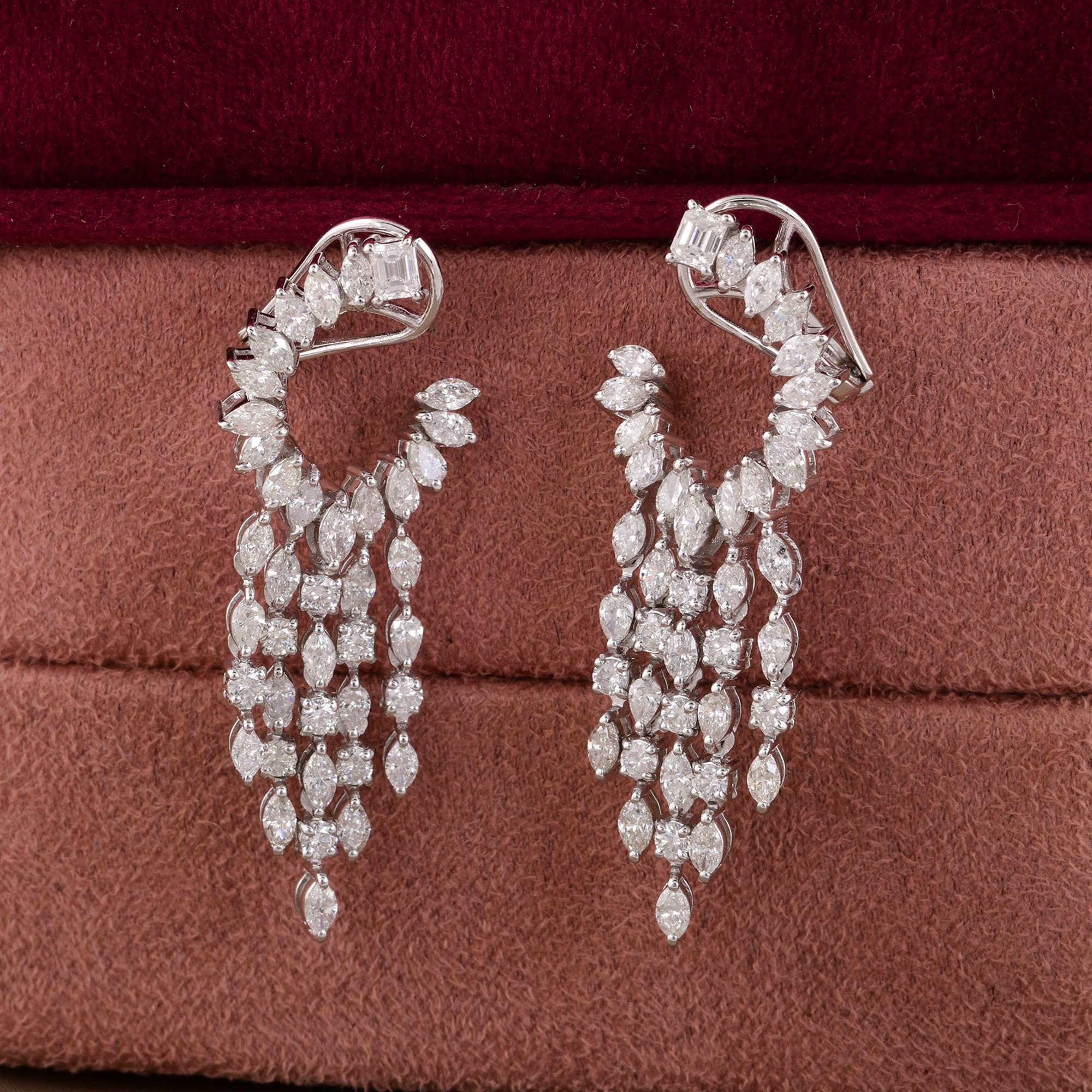Women's Marquise Round & Emerald Cut Diamond Earrings 14 Karat White Gold Fine Jewelry For Sale