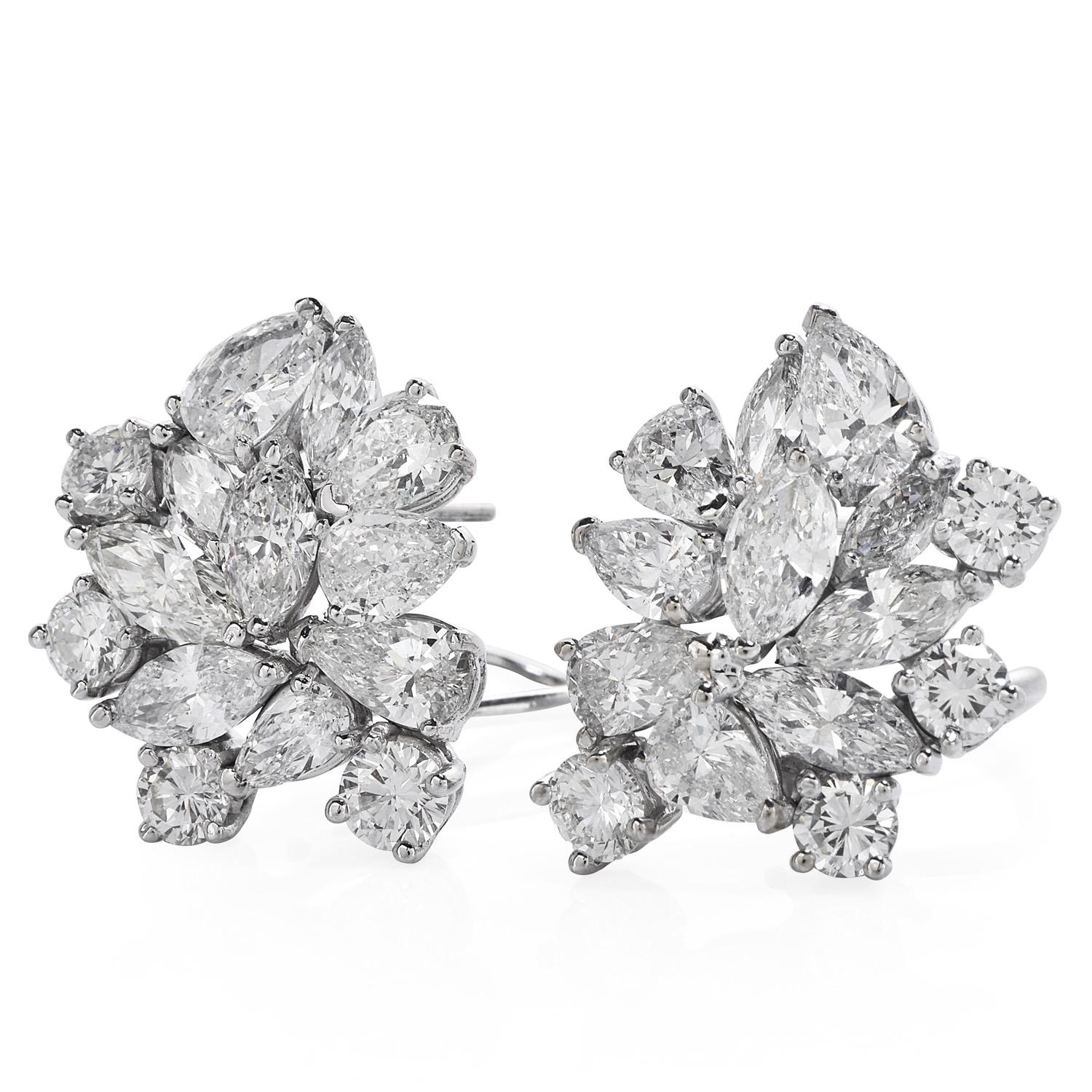 Add some gleaming beauty to your life with these elegant Diamond 14k Gold Marquise, Round Cut, and Pear Cluster Clip Back Earrings! 

These alluring earrings boast 28 genuine natural diamonds with marquise, oval, and round-cut, totaling 9.00 carats