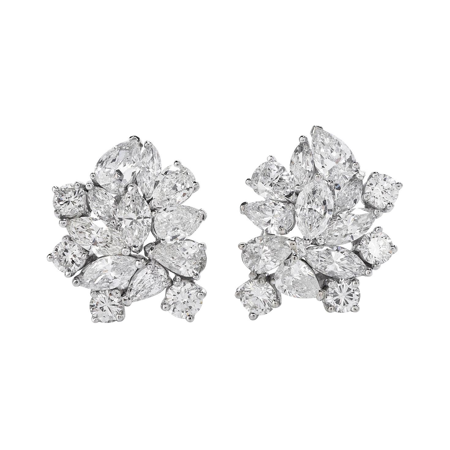 Marquise Round Pear Cluster Diamond Gold Clip Back Earrings