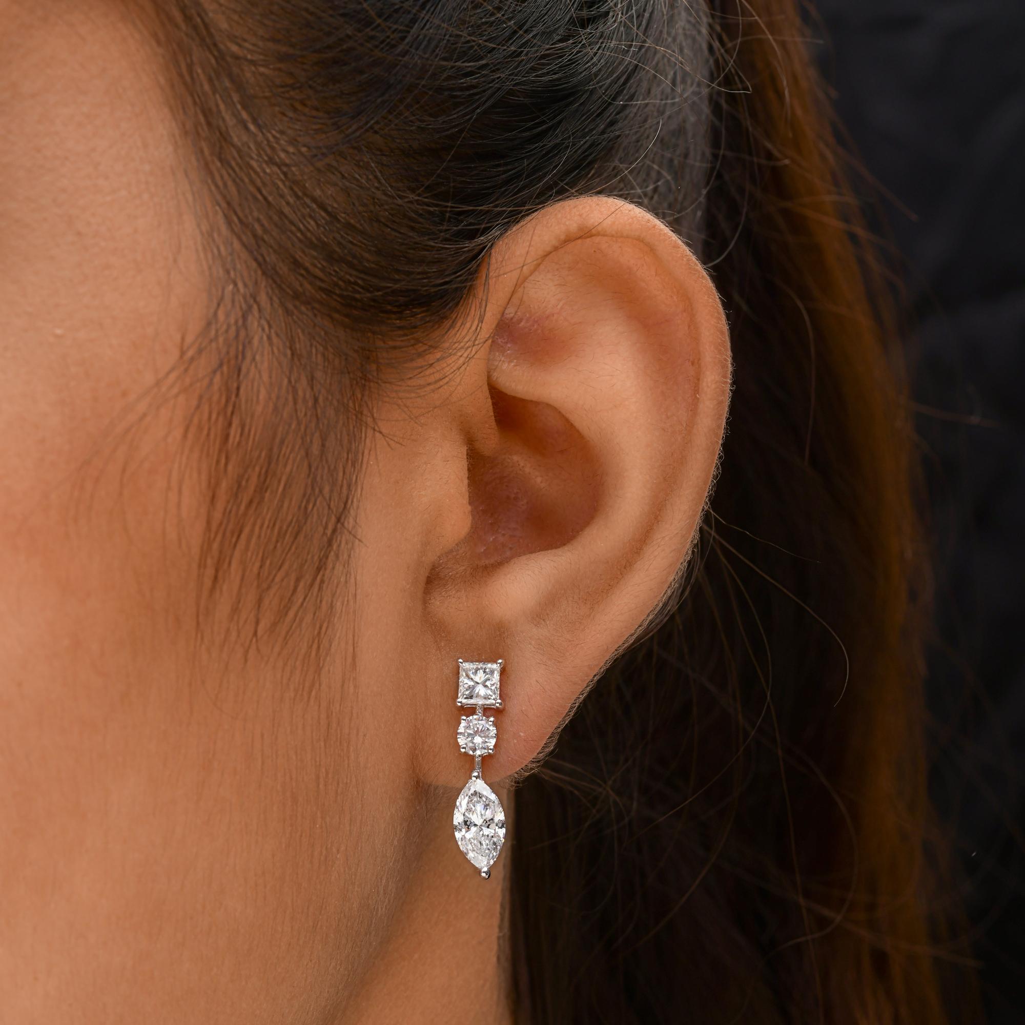 Marquise Cut Marquise Round Princess Cut Diamond Dangle Earrings 18 Karat White Gold Jewelry For Sale
