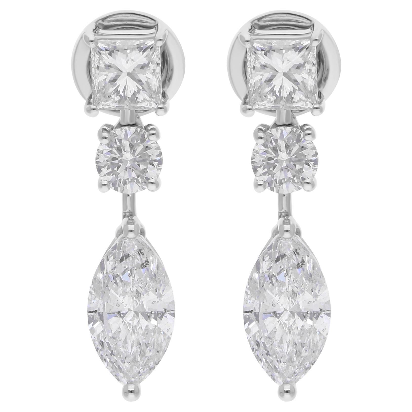 Marquise Round Princess Cut Diamond Dangle Earrings 18 Karat White Gold Jewelry