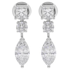 Marquise Round Princess Cut Diamond Dangle Earrings 18 Karat White Gold Jewelry