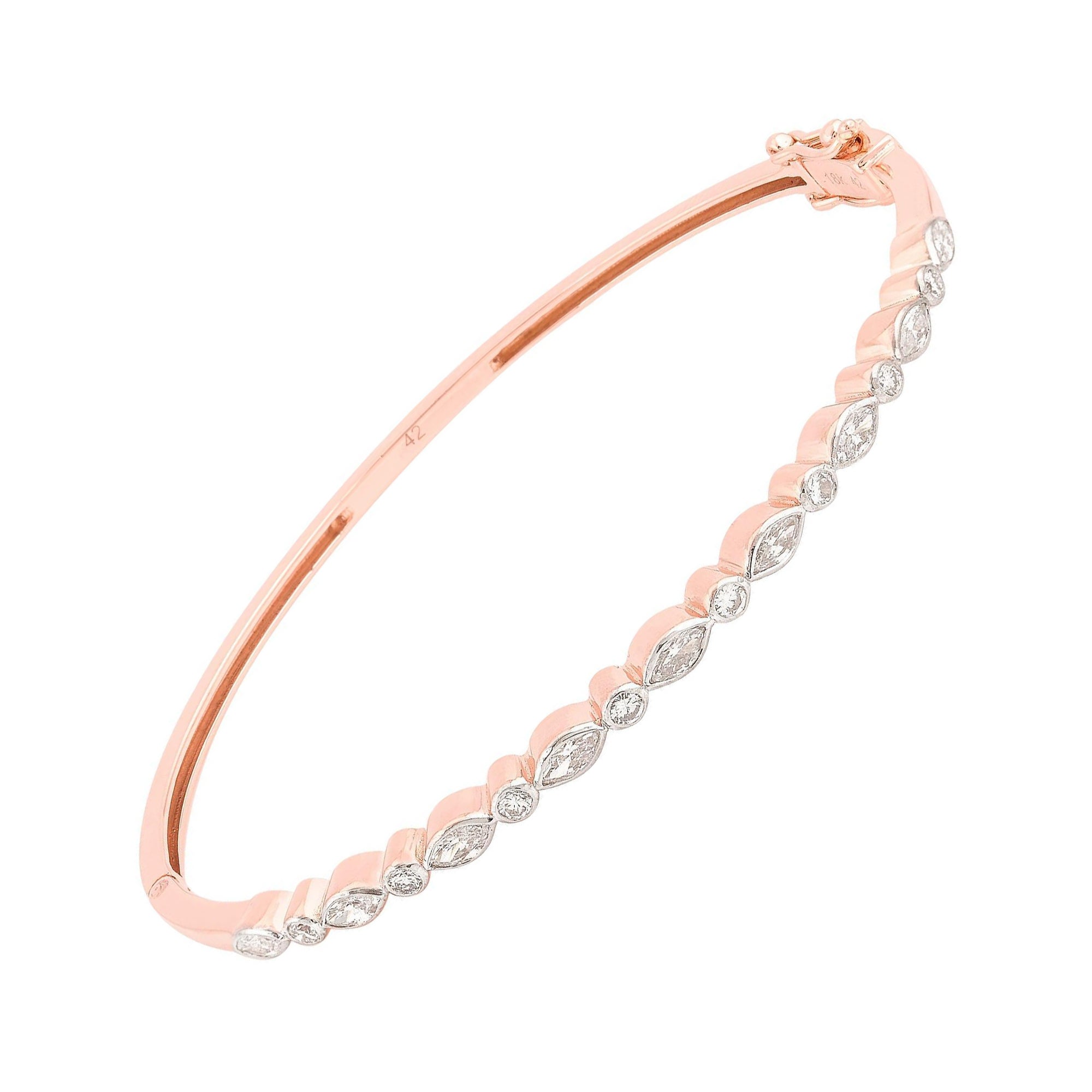 Marquise Round SI/H 0.9Ct Diamond Cuff Bracelet in 18k Rose Gold Fine Jewelry