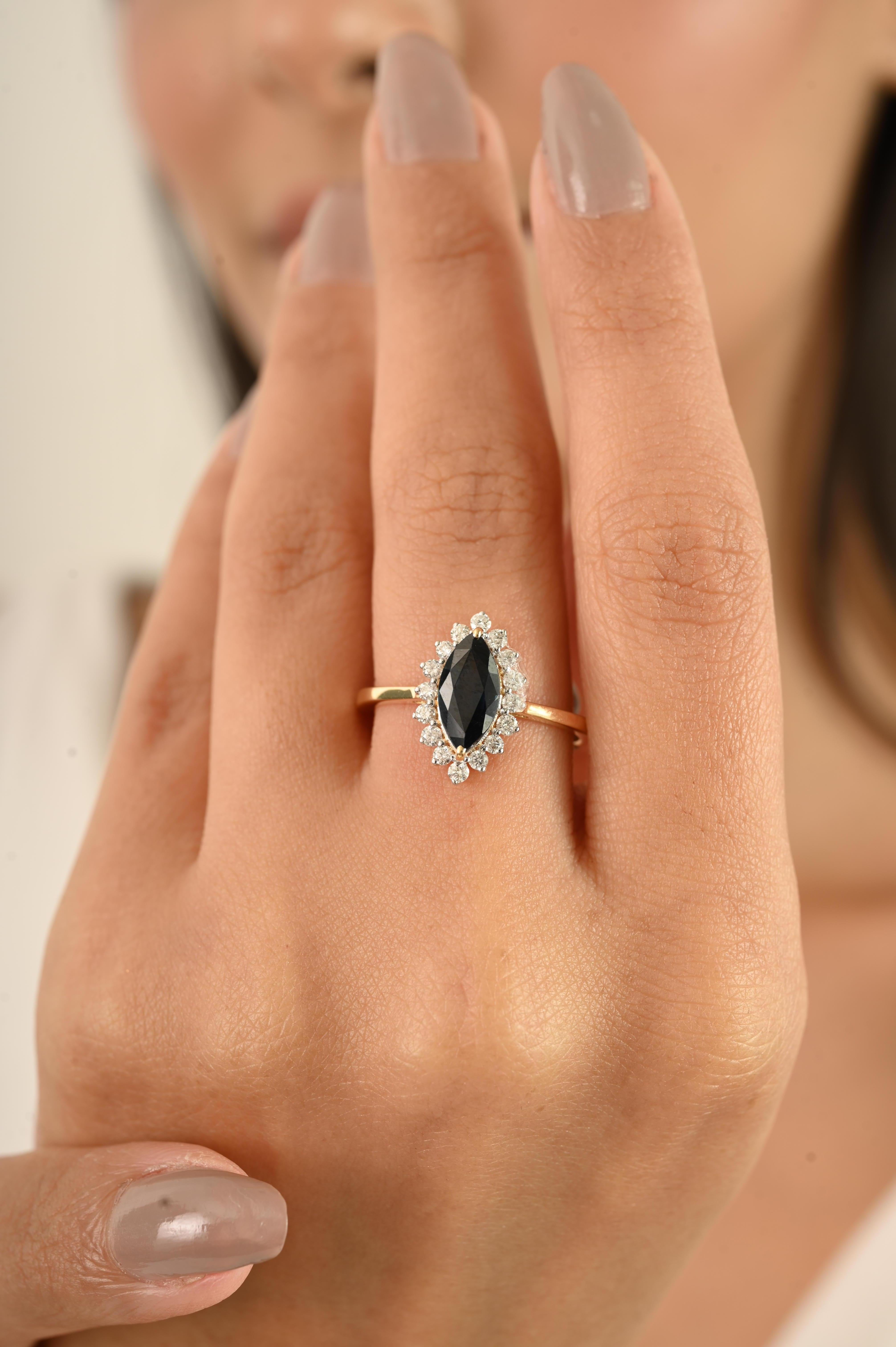 For Sale:  Marquise Royal Blue Sapphire & Halo Diamond Cluster Ring in 18kt Yellow Gold 2