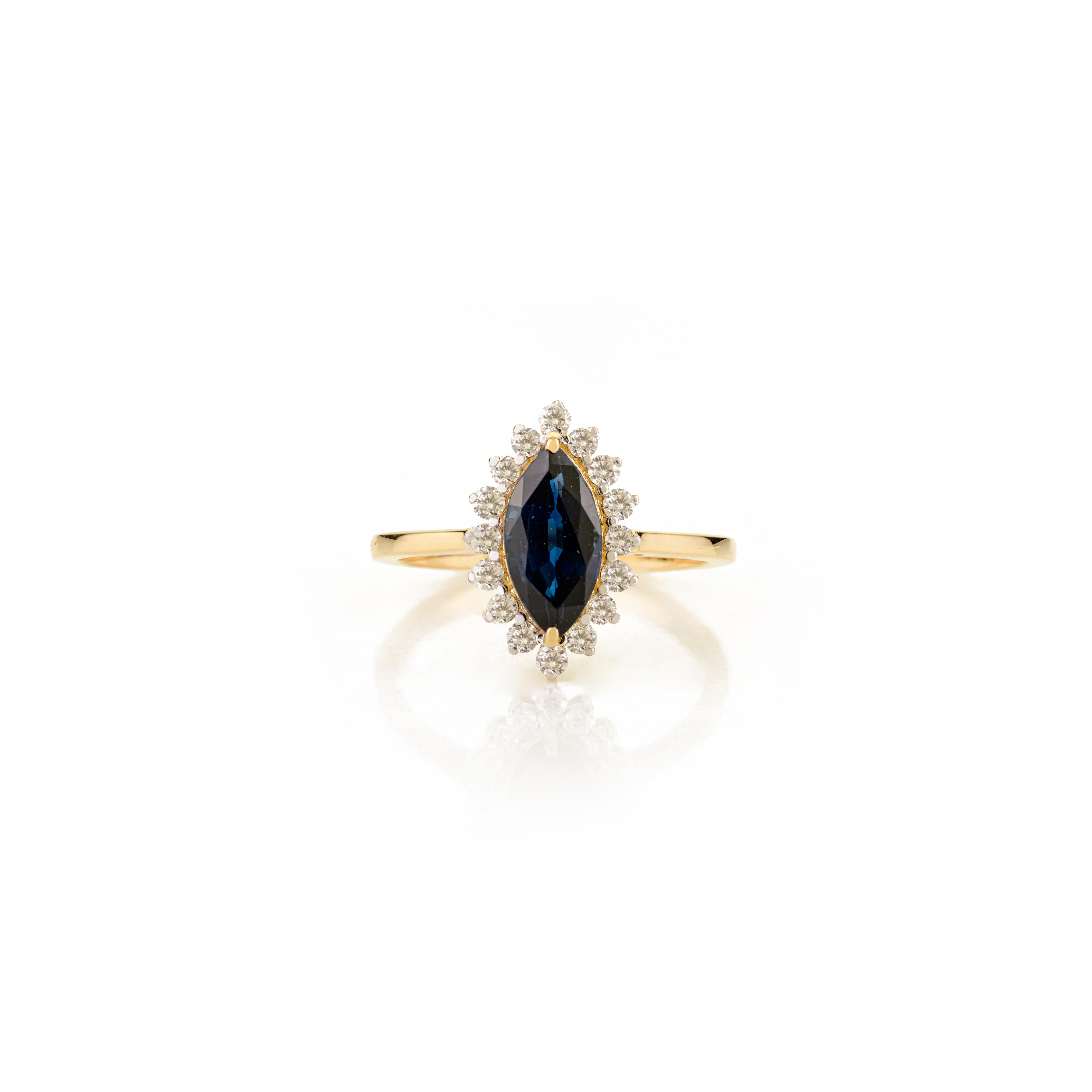 For Sale:  Marquise Royal Blue Sapphire & Halo Diamond Cluster Ring in 18kt Yellow Gold 5