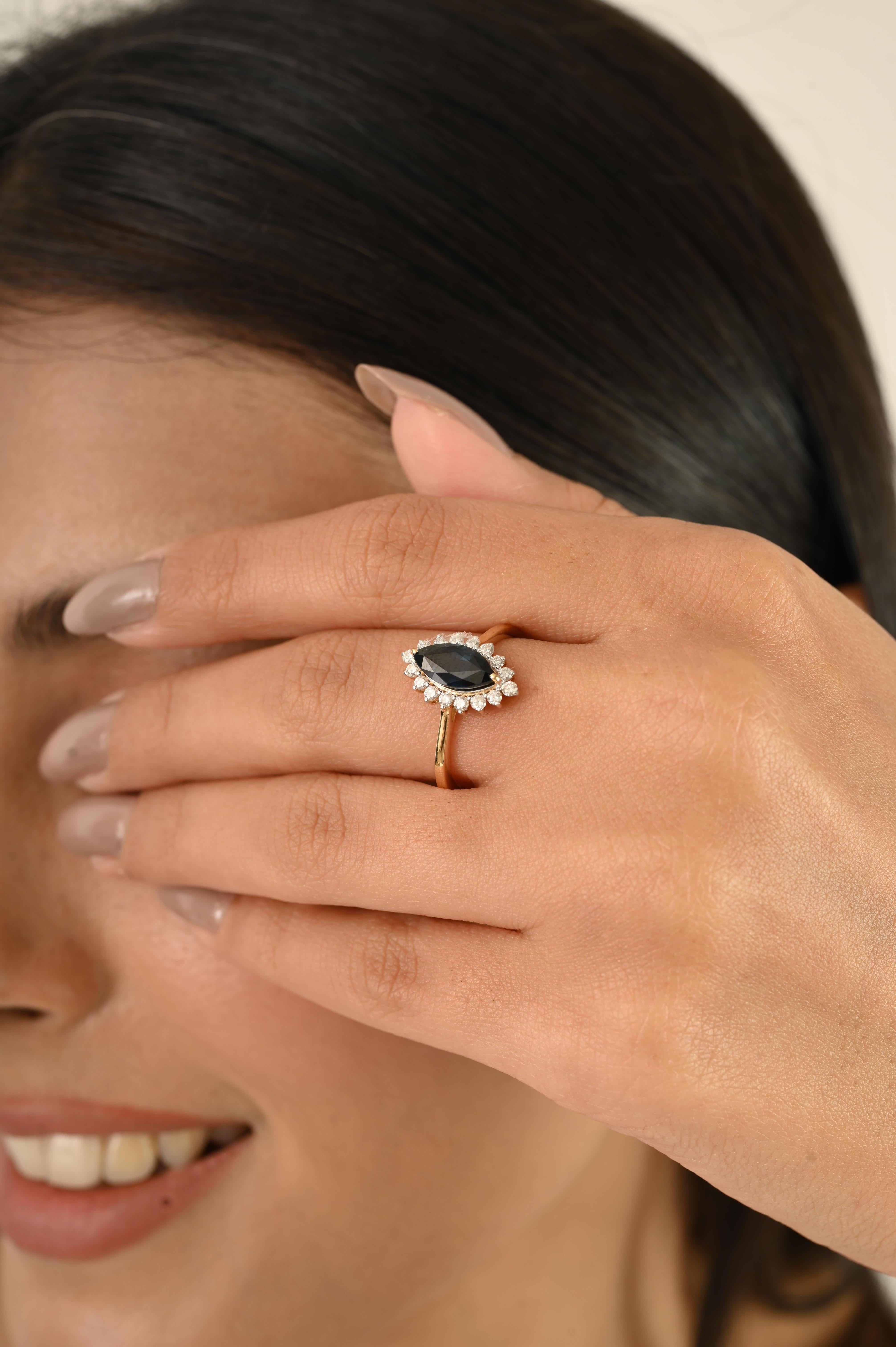 For Sale:  Marquise Royal Blue Sapphire & Halo Diamond Cluster Ring in 18kt Yellow Gold 6