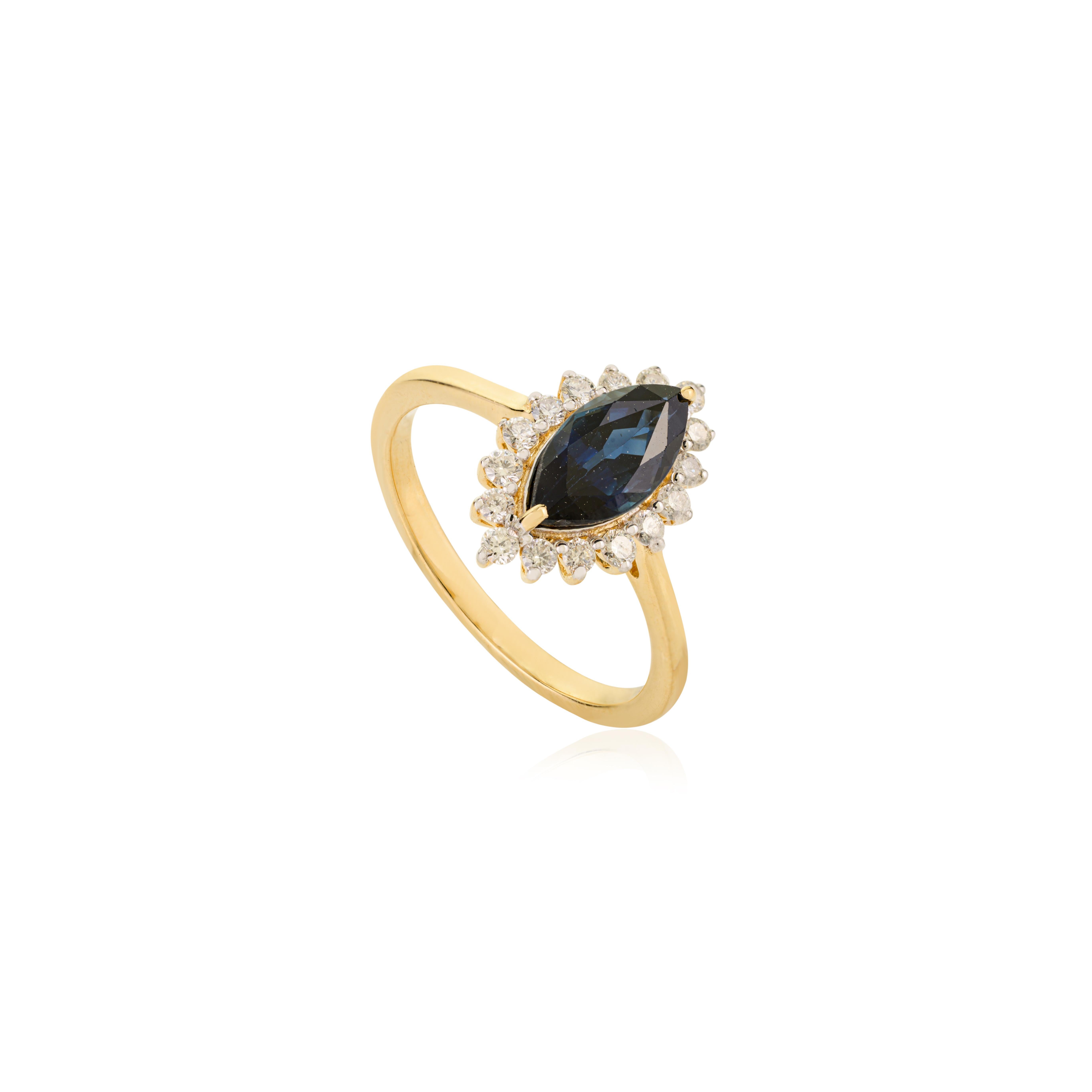 For Sale:  Marquise Royal Blue Sapphire & Halo Diamond Cluster Ring in 18kt Yellow Gold 7