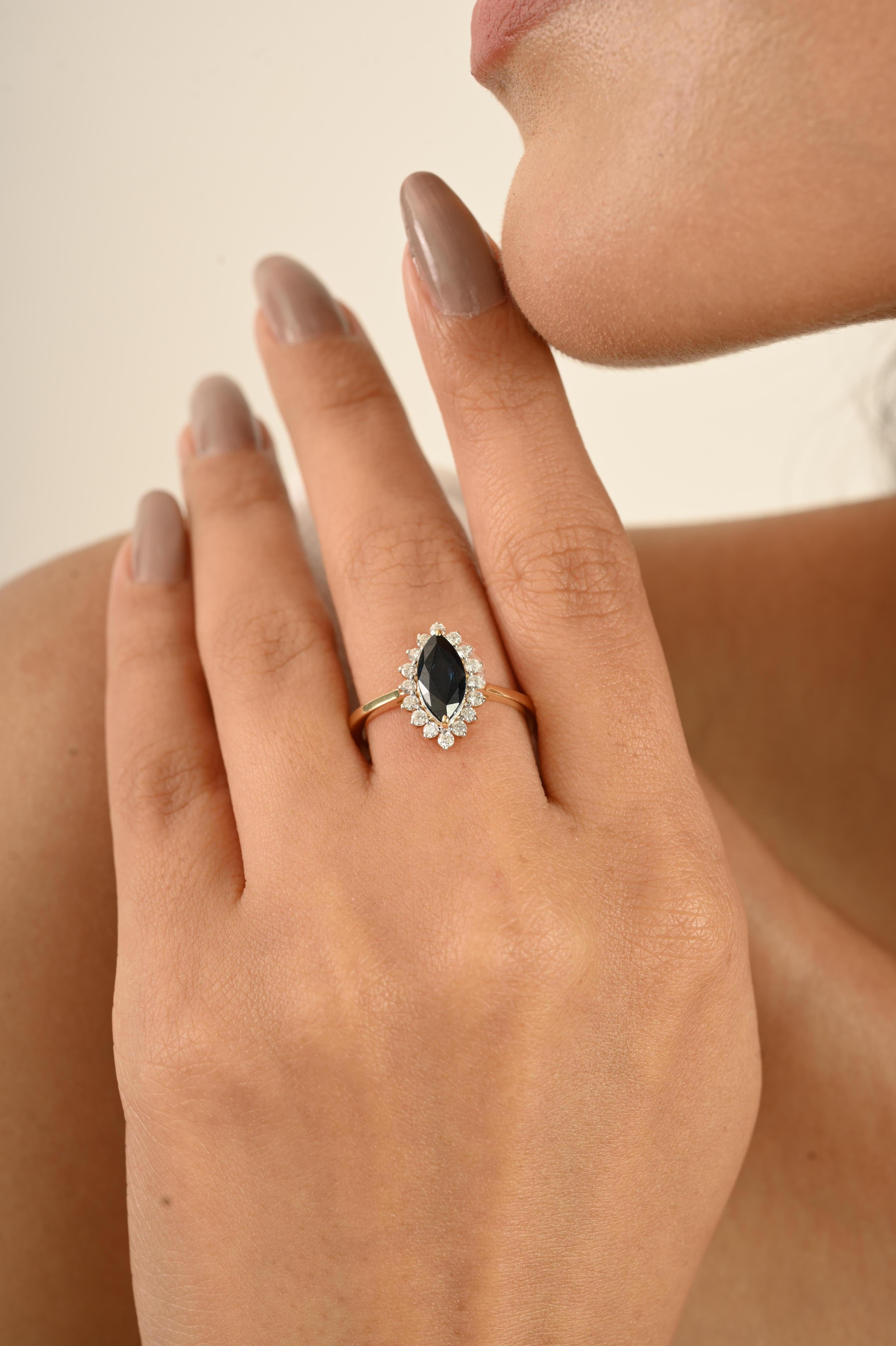 For Sale:  Marquise Royal Blue Sapphire & Halo Diamond Cluster Ring in 18kt Yellow Gold 8