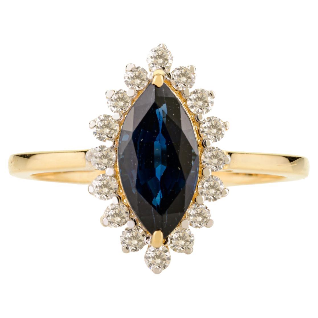 For Sale:  Marquise Royal Blue Sapphire & Halo Diamond Cluster Ring in 18kt Yellow Gold