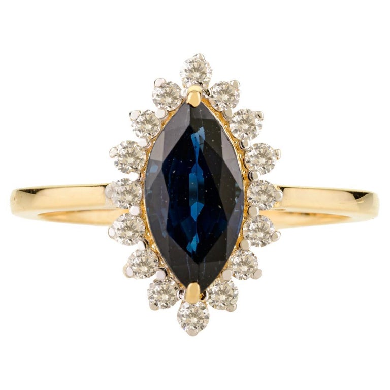 Bague Alliance Ancienne En Or 18K Saphir Et Brillants - Taille 55, Style Marquise