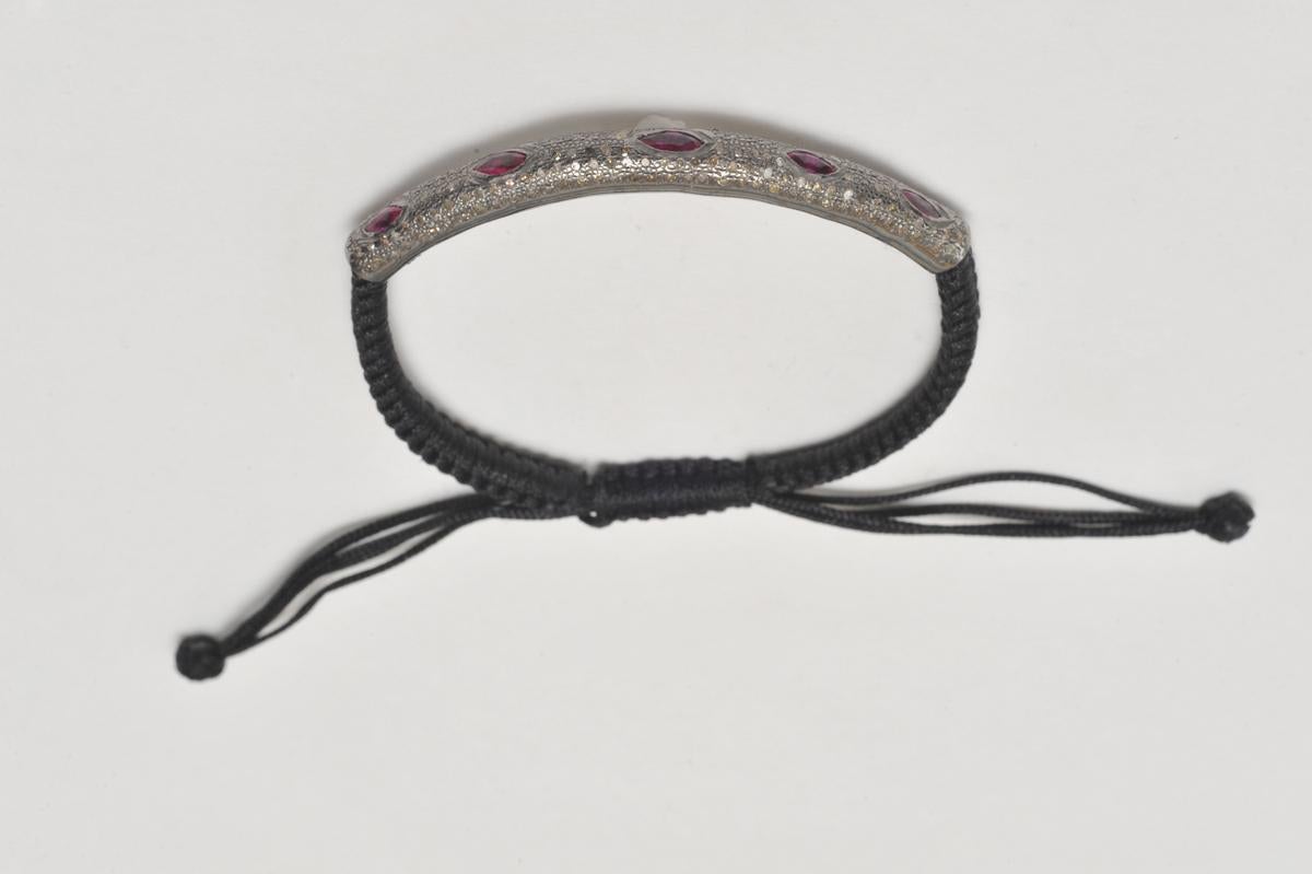 Marquise Rubies and Diamond Bracelet, Sterling and Cotton Weave In Excellent Condition In Nantucket, MA
