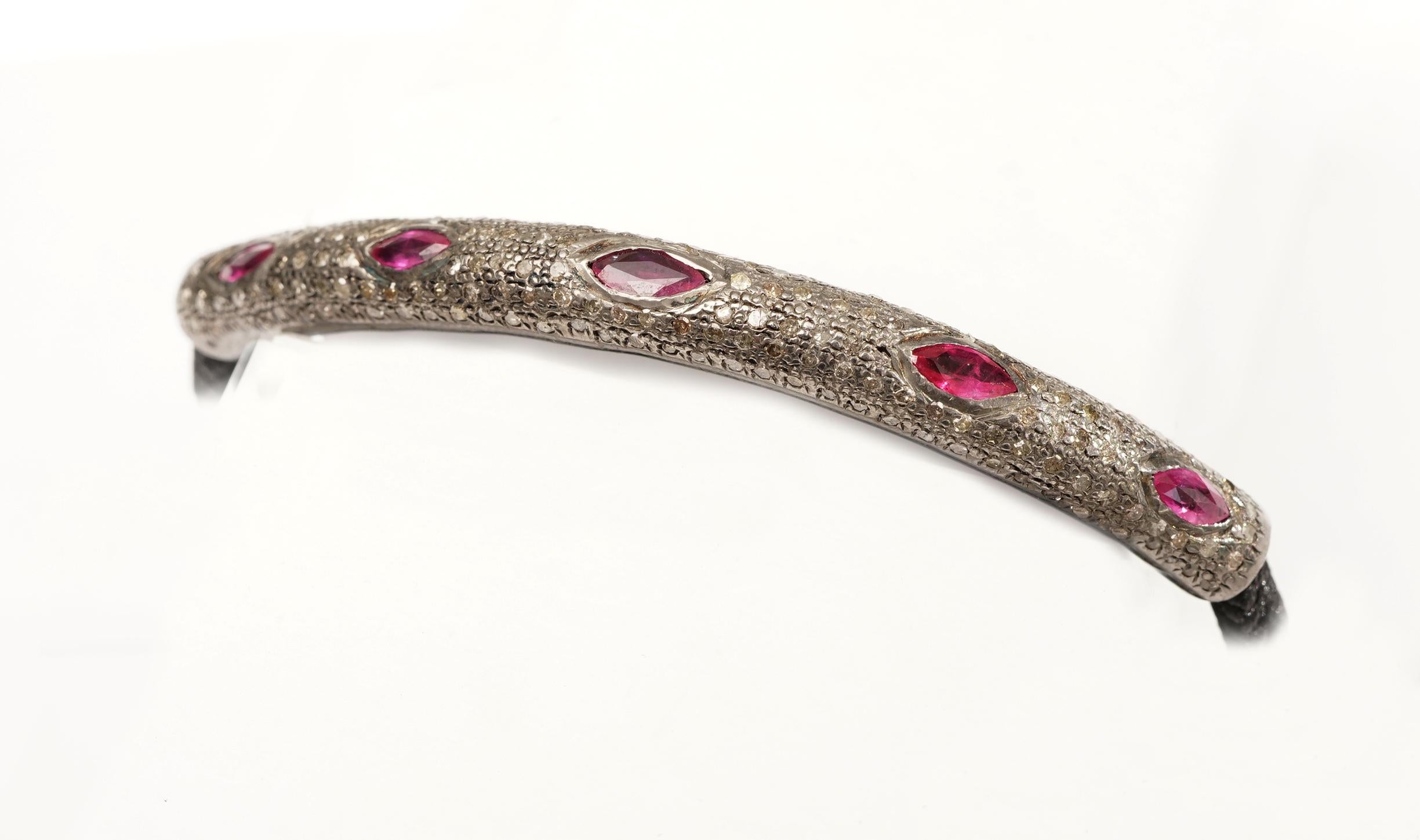 Women's or Men's Marquise Rubies and Diamond Bracelet, Sterling and Cotton Weave