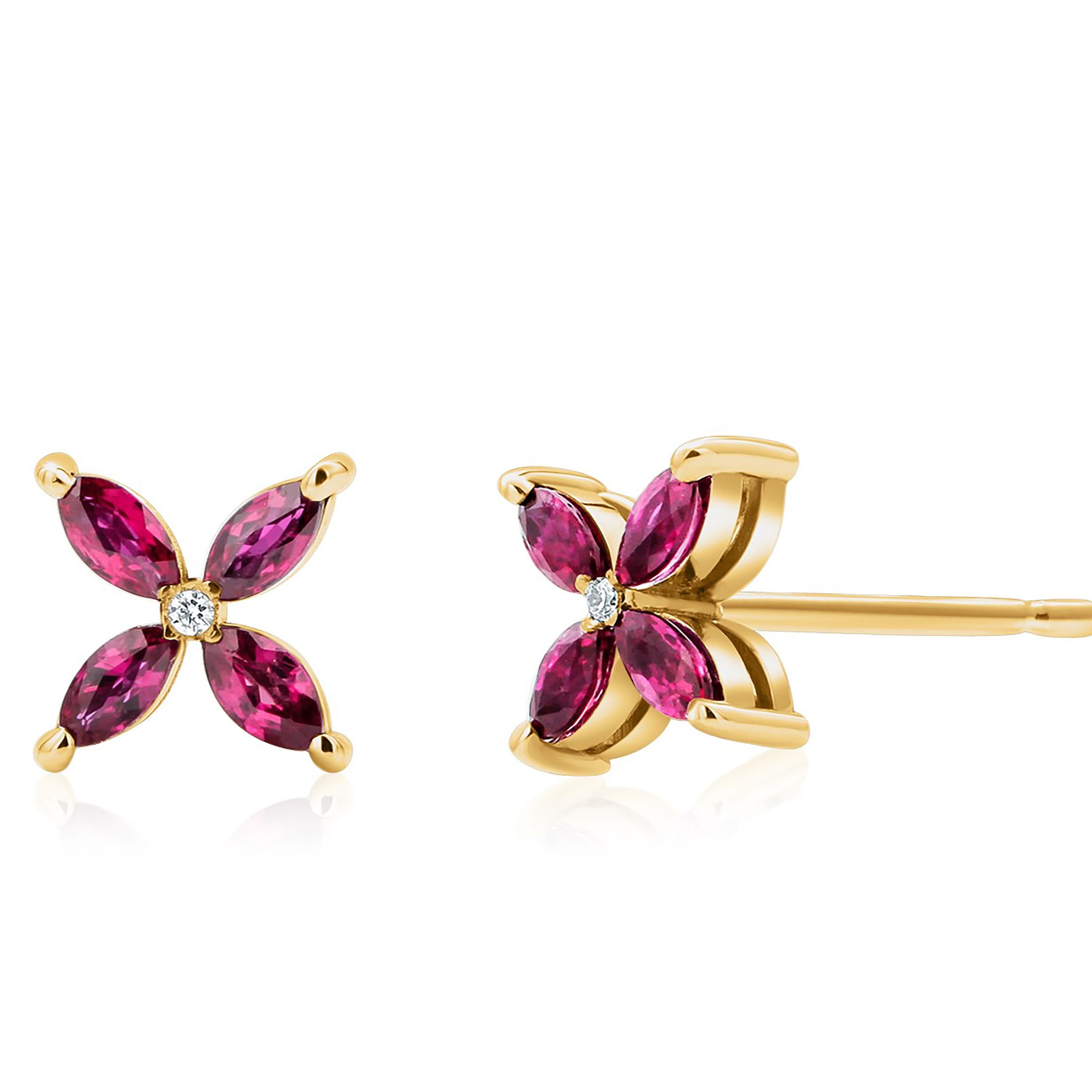 Modern Marquise Rubies and Diamonds 0.76 Carats Yellow Gold 0.40 Inch Stud Earrings 
