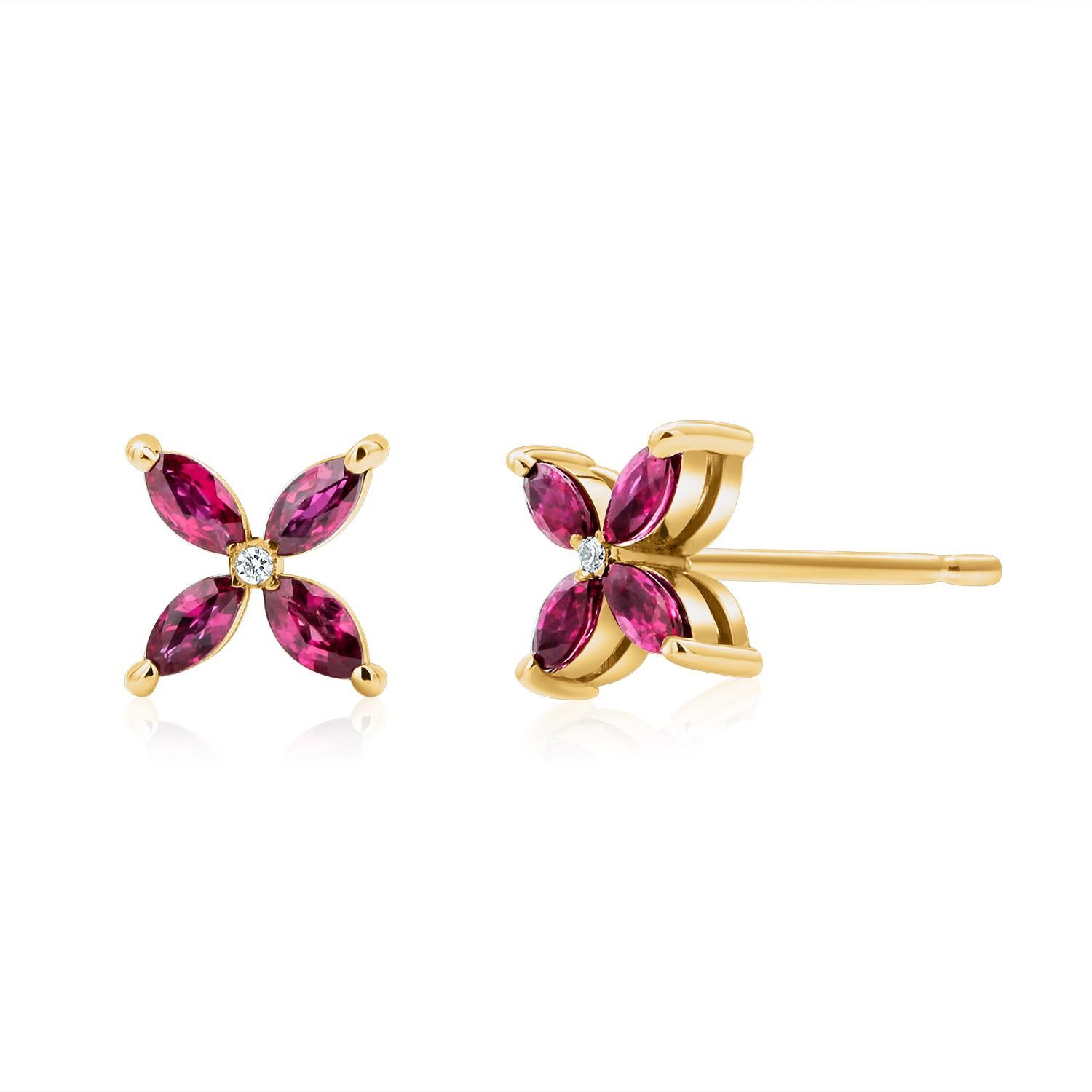 Marquise Rubies and Diamonds 0.76 Carats Yellow Gold 0.40 Inch Stud Earrings  In New Condition In New York, NY