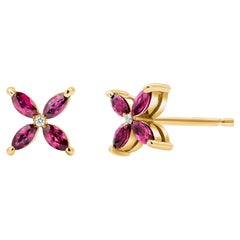 Marquise Rubies and Diamonds 0.76 Carats Yellow Gold 0.40 Inch Stud Earrings 