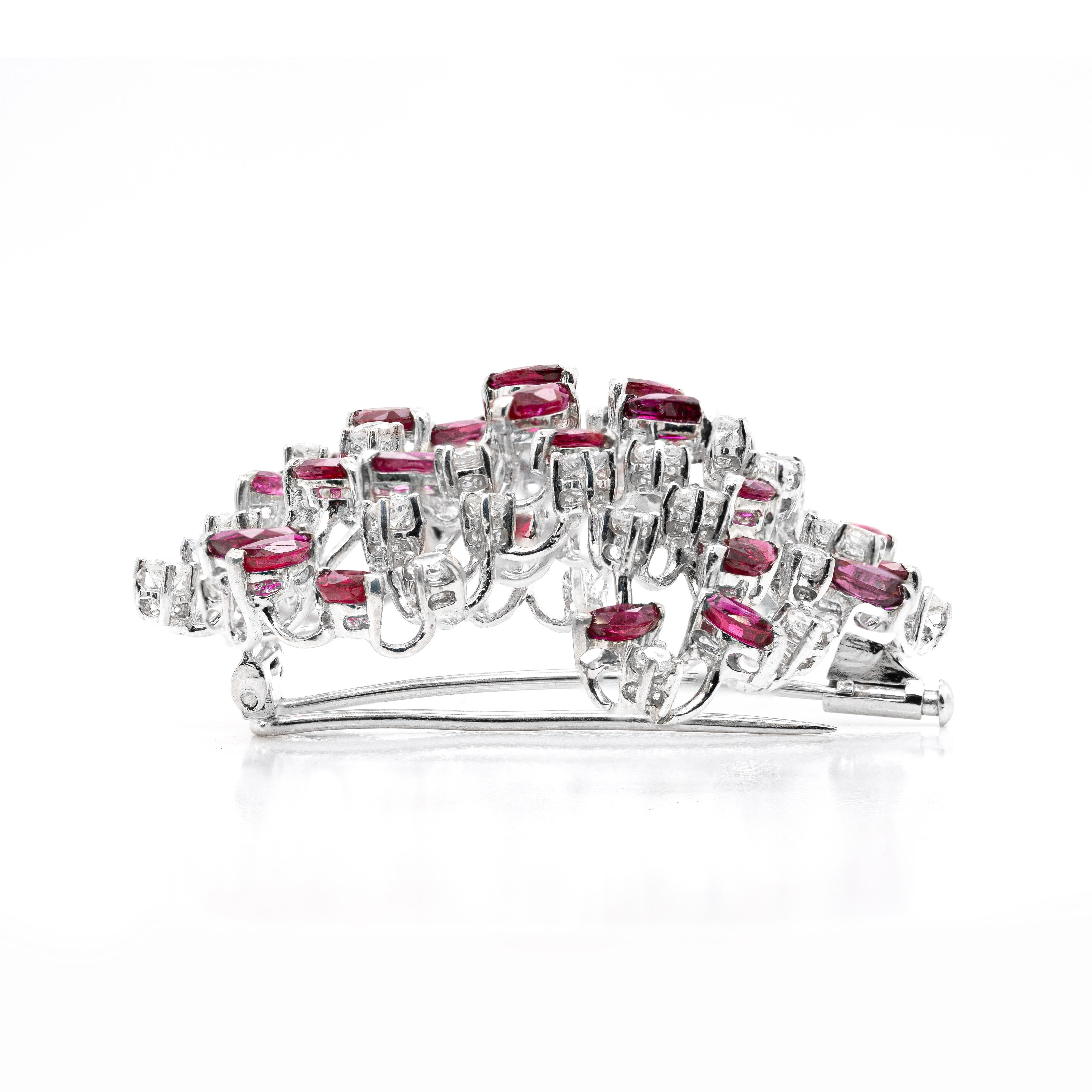 Retro Marquise Ruby and Diamond 18 Carat White Gold Abstract Open Work Brooch For Sale