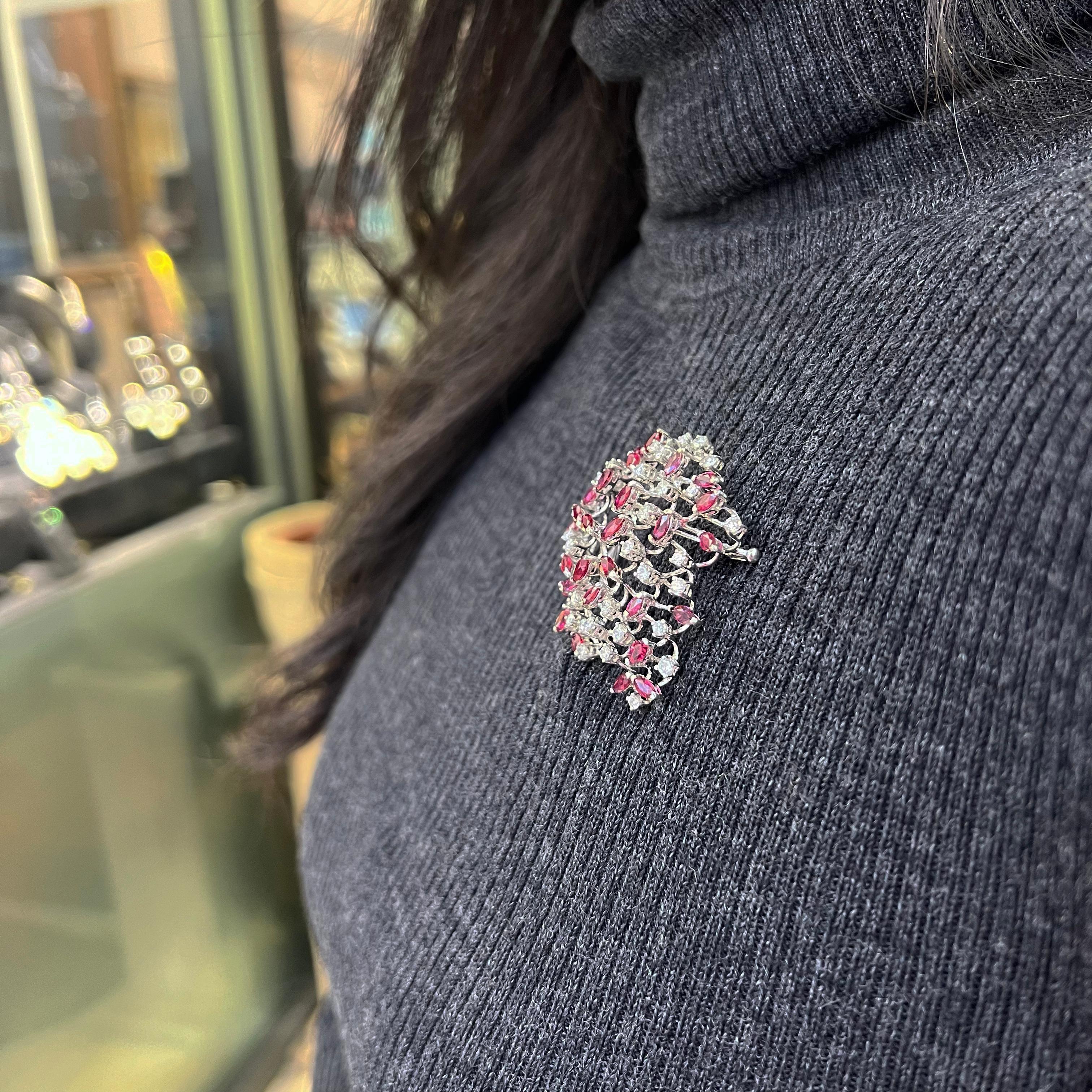 Marquise Cut Marquise Ruby and Diamond 18 Carat White Gold Abstract Open Work Brooch For Sale