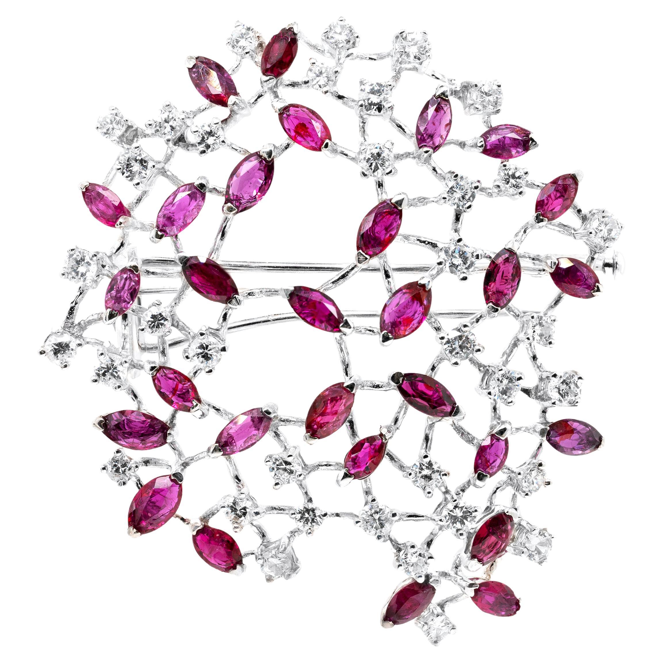 Marquise Ruby and Diamond 18 Carat White Gold Abstract Open Work Brooch For Sale