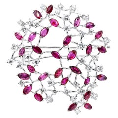 Retro Marquise Ruby and Diamond 18 Carat White Gold Abstract Open Work Brooch