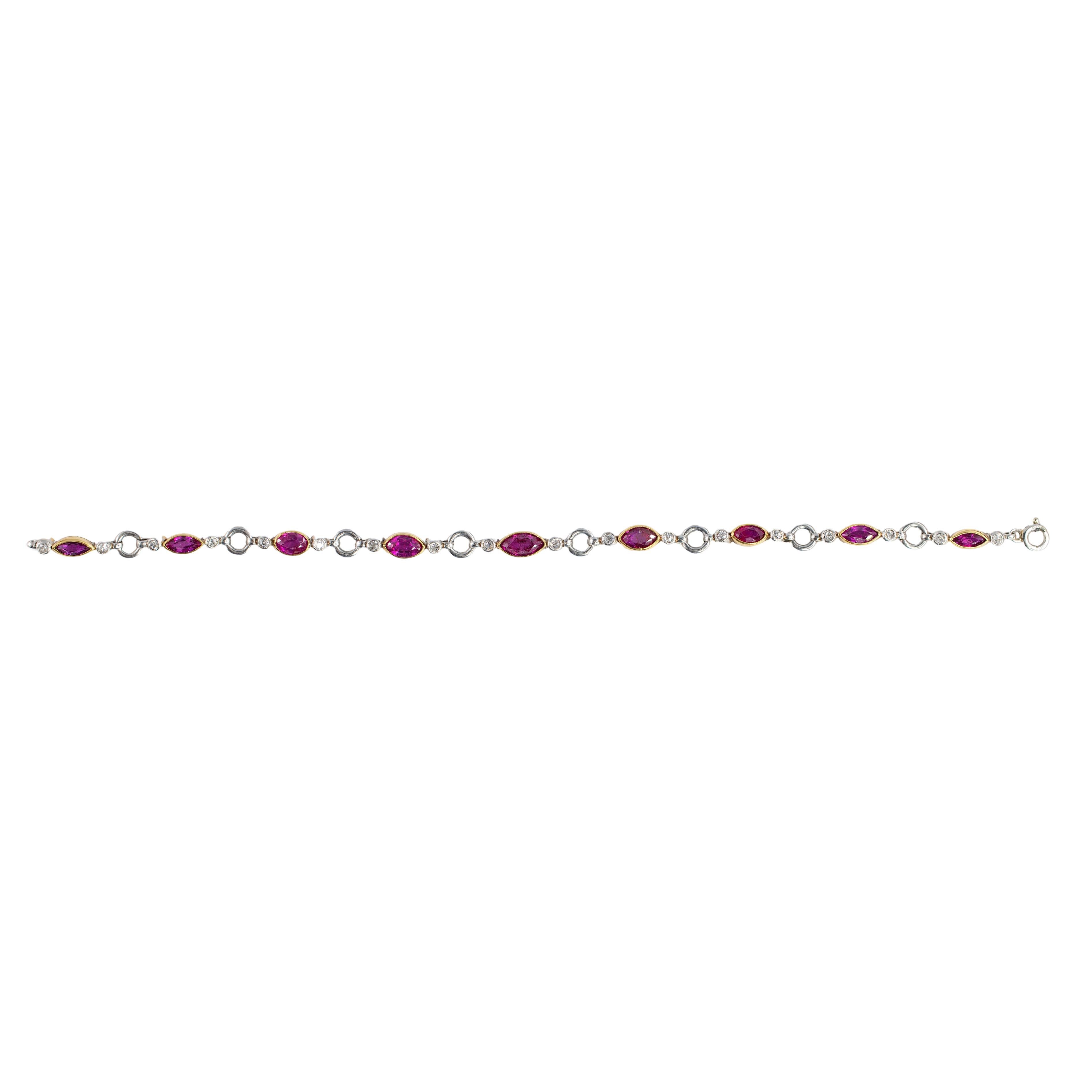 Marquise Ruby and Diamond Alternating Link Bracelet For Sale