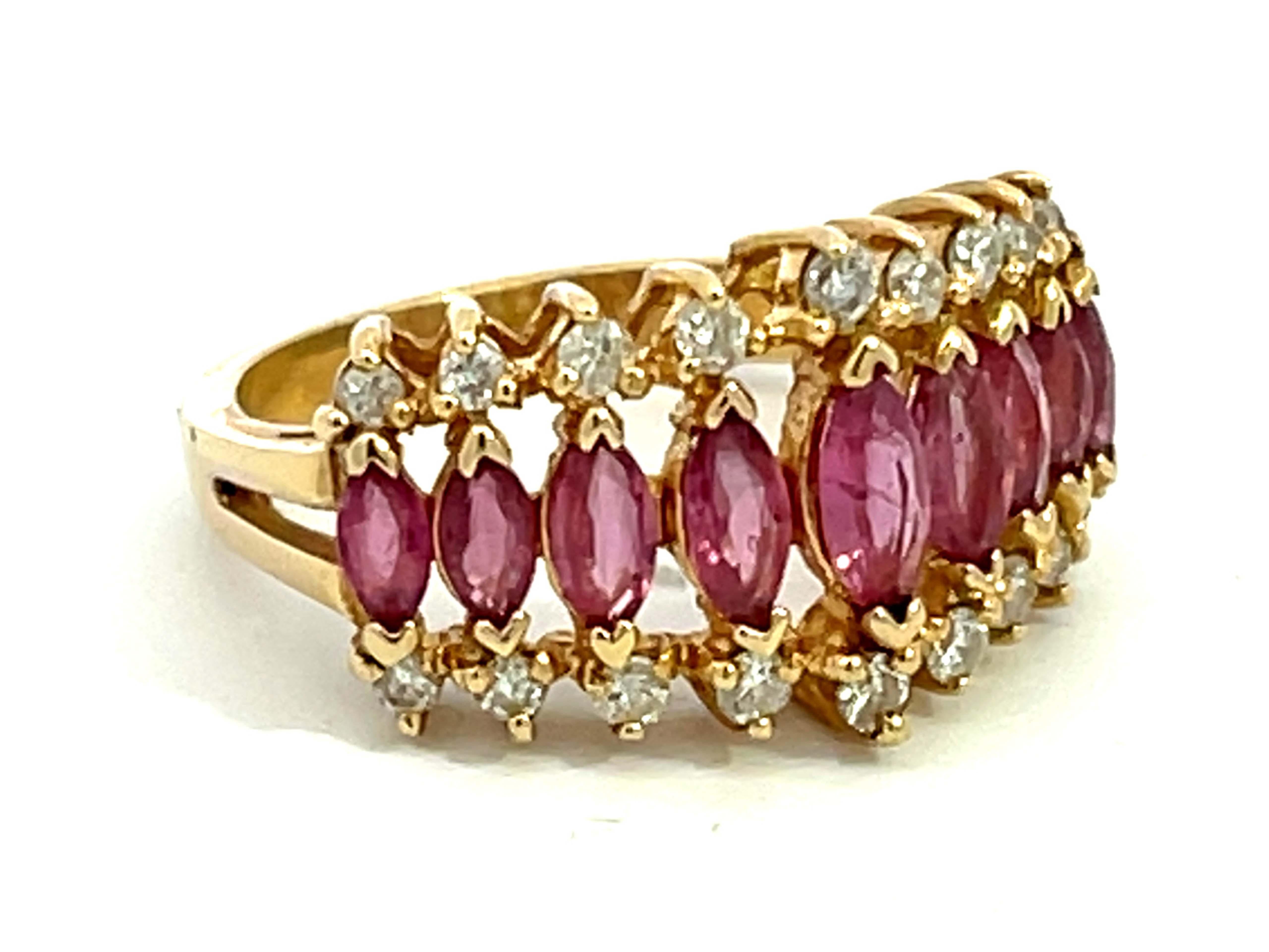 Modern Marquise Ruby and Diamond Border Triple Row Ring in 14k Yellow Gold For Sale