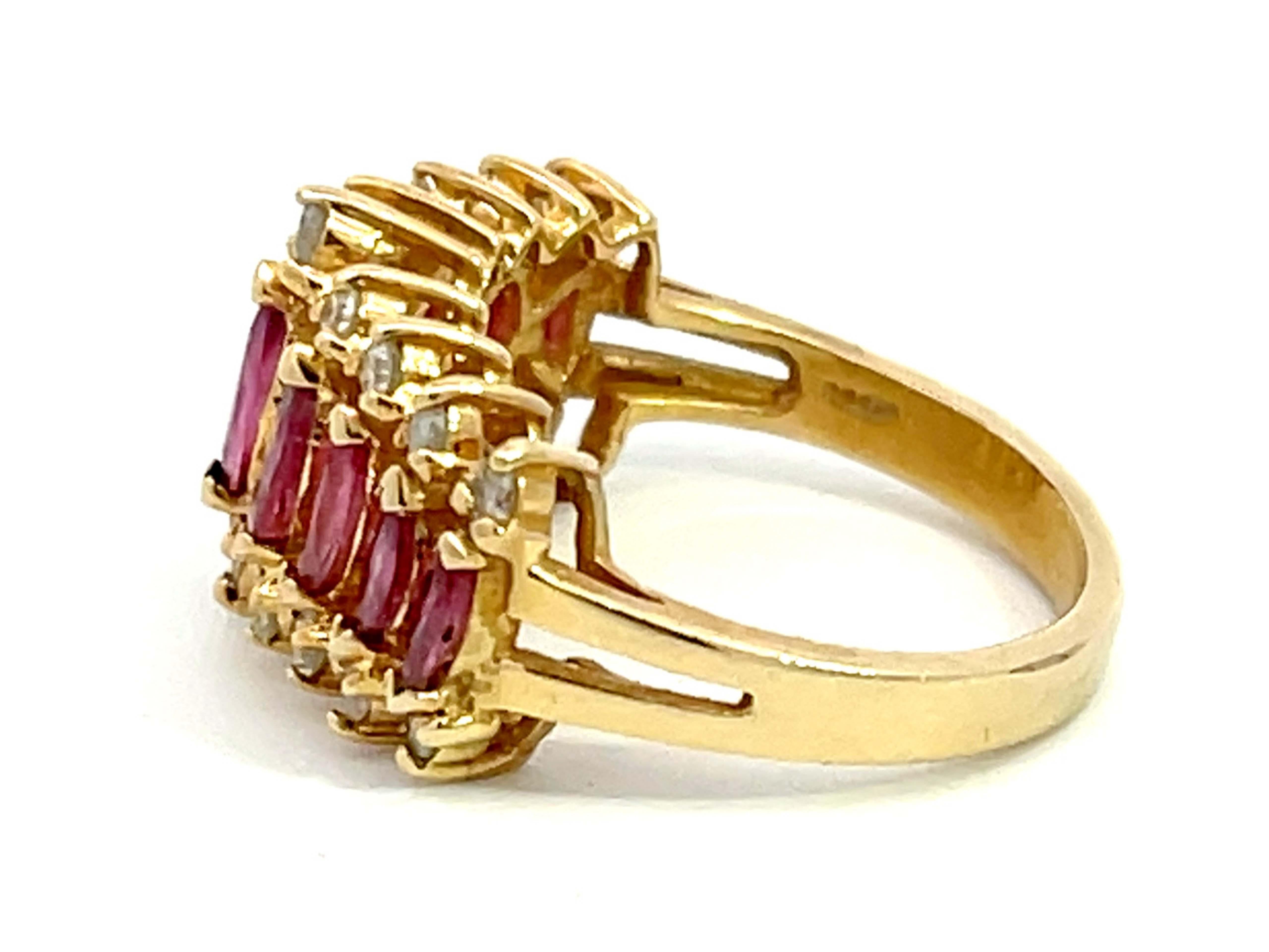 Women's Marquise Ruby and Diamond Border Triple Row Ring in 14k Yellow Gold For Sale