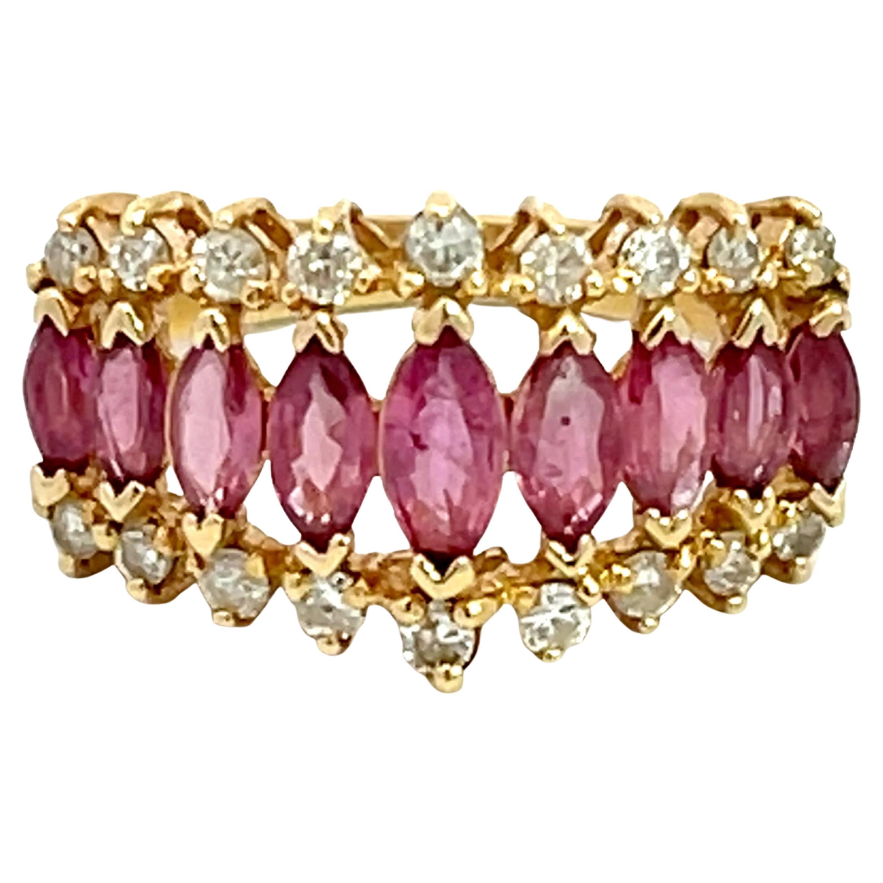 Marquise Ruby and Diamond Border Triple Row Ring in 14k Yellow Gold For Sale