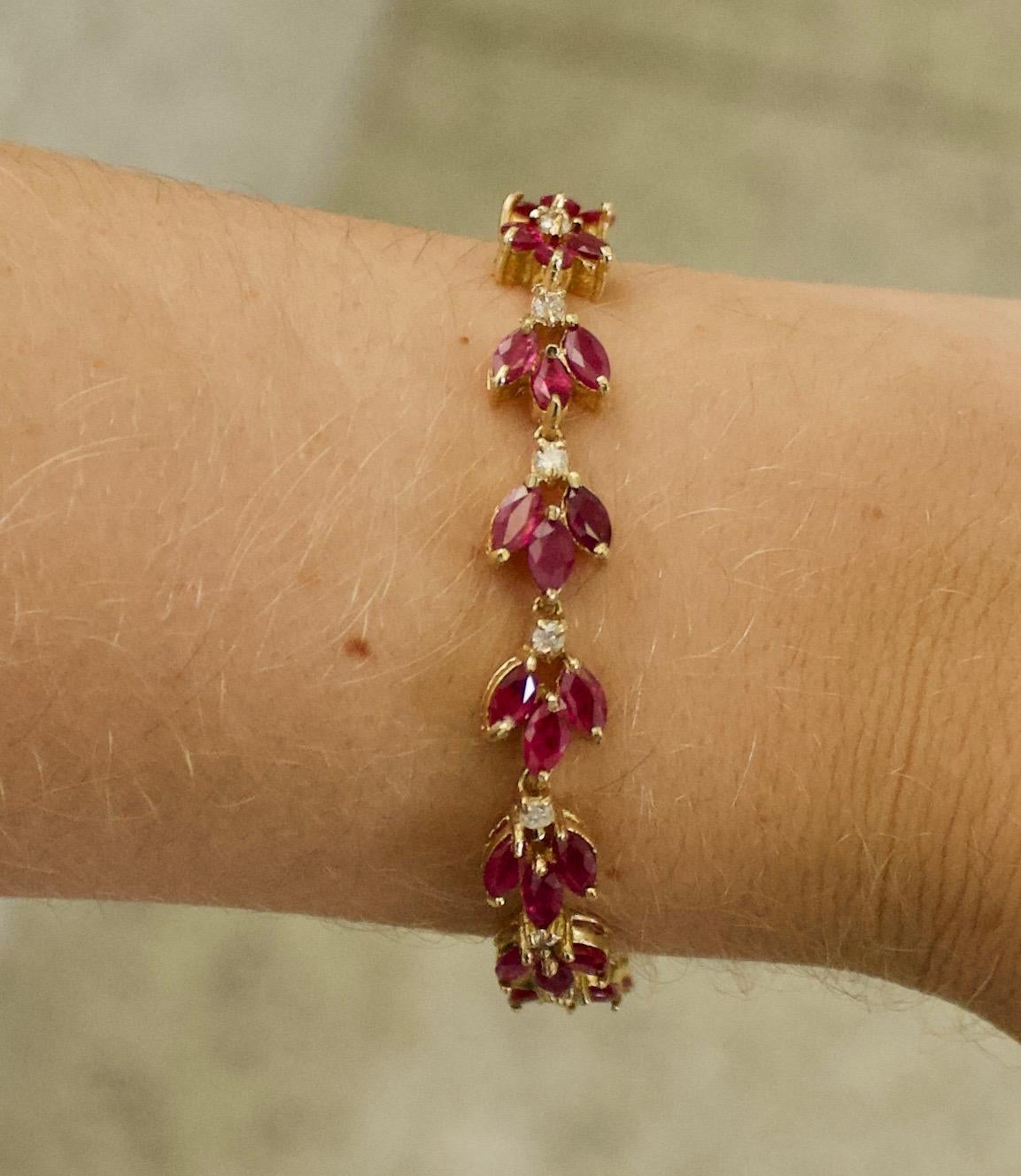 Marquise Cut Marquise Ruby and Diamond Bracelet in Yellow Gold