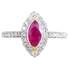 Marquise Ruby and Diamond Halo Cluster Ring and Diamond Shoulders in 18ct Gold