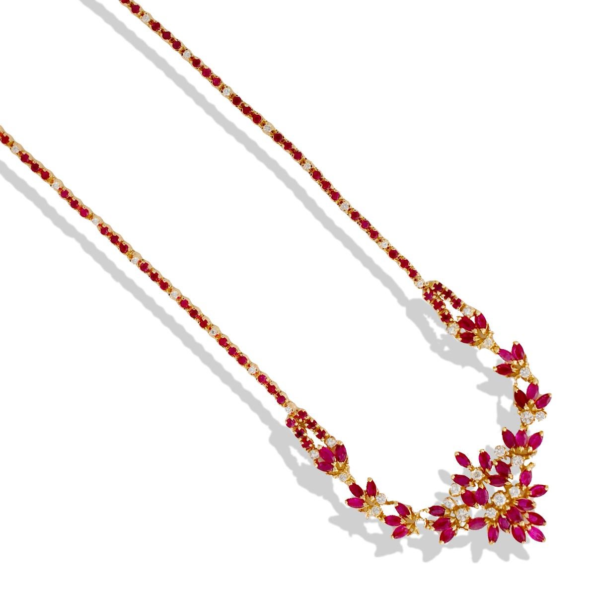 Marquise Cut Marquise Ruby and Diamond Necklace 7.75 Carat, Quality Heavy Gold 37.8 Grams
