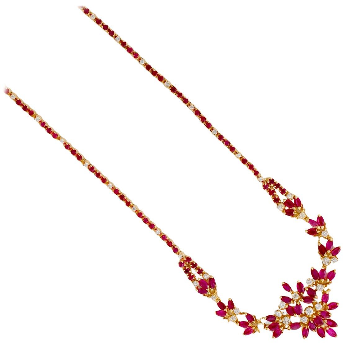 Marquise Ruby and Diamond Necklace 7.75 Carat, Quality Heavy Gold 37.8 Grams