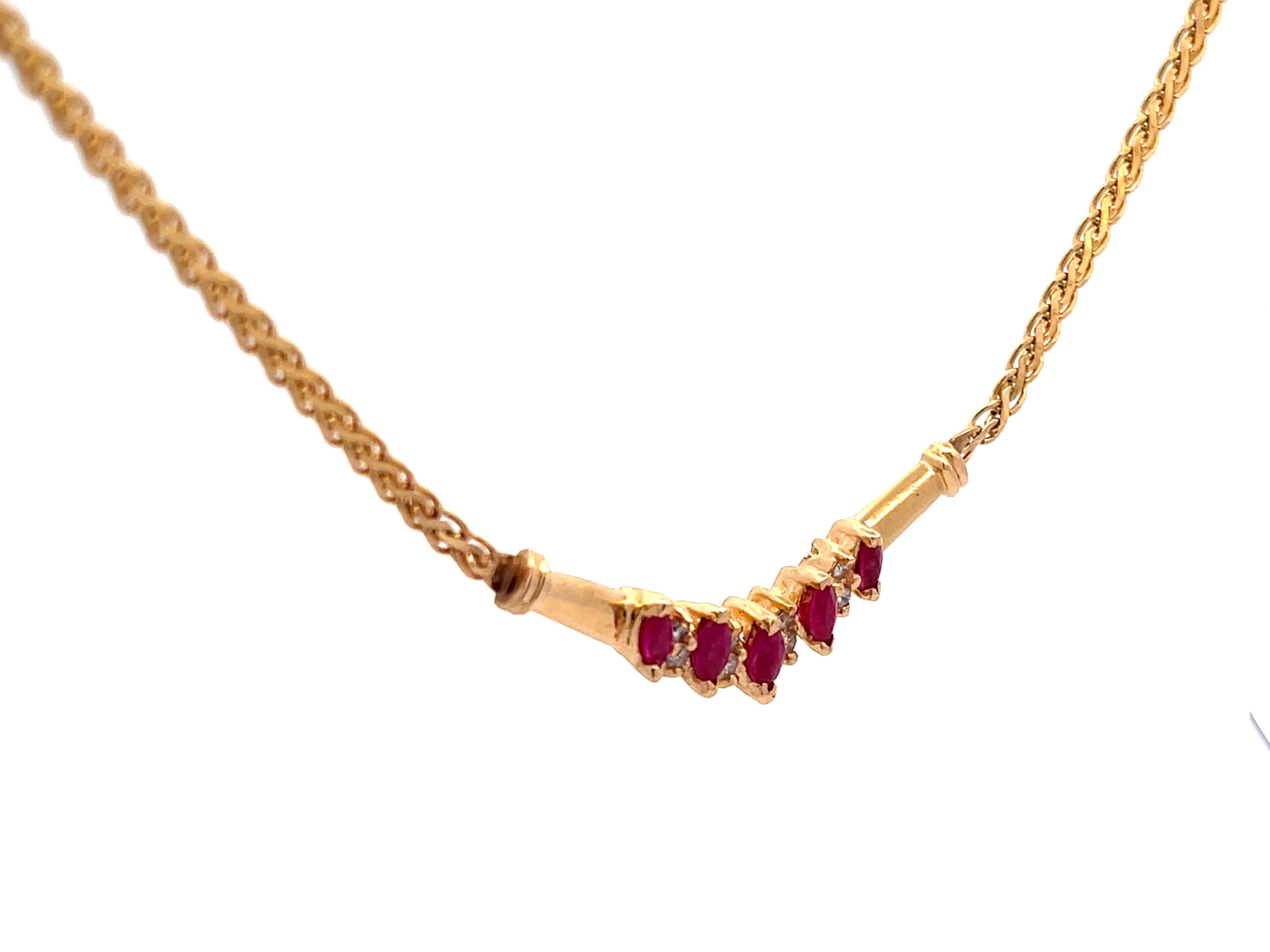 Modern Marquise Ruby and Round Brilliant Diamond Necklace in 14k Yellow Gold For Sale