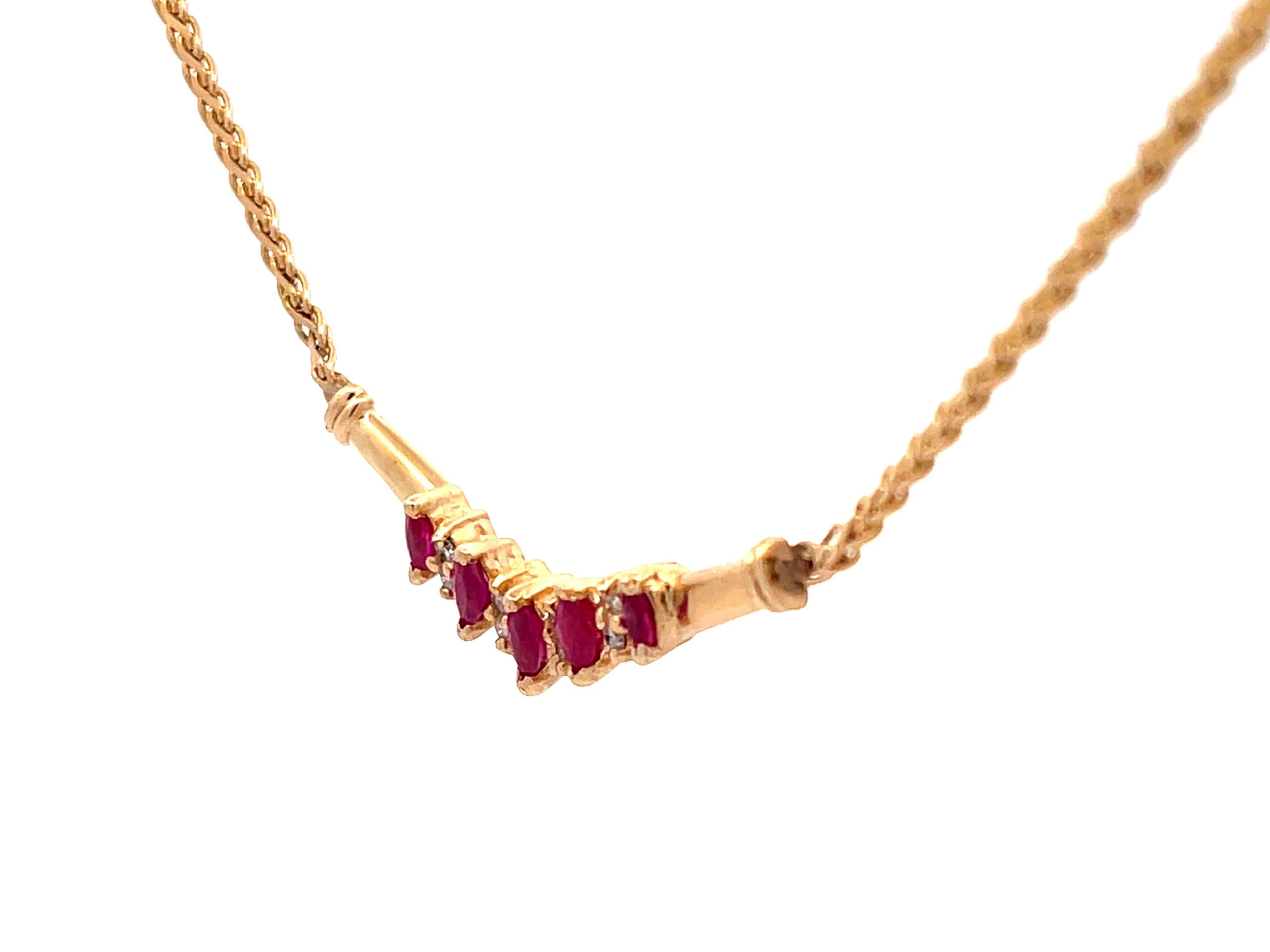 Marquise Cut Marquise Ruby and Round Brilliant Diamond Necklace in 14k Yellow Gold For Sale