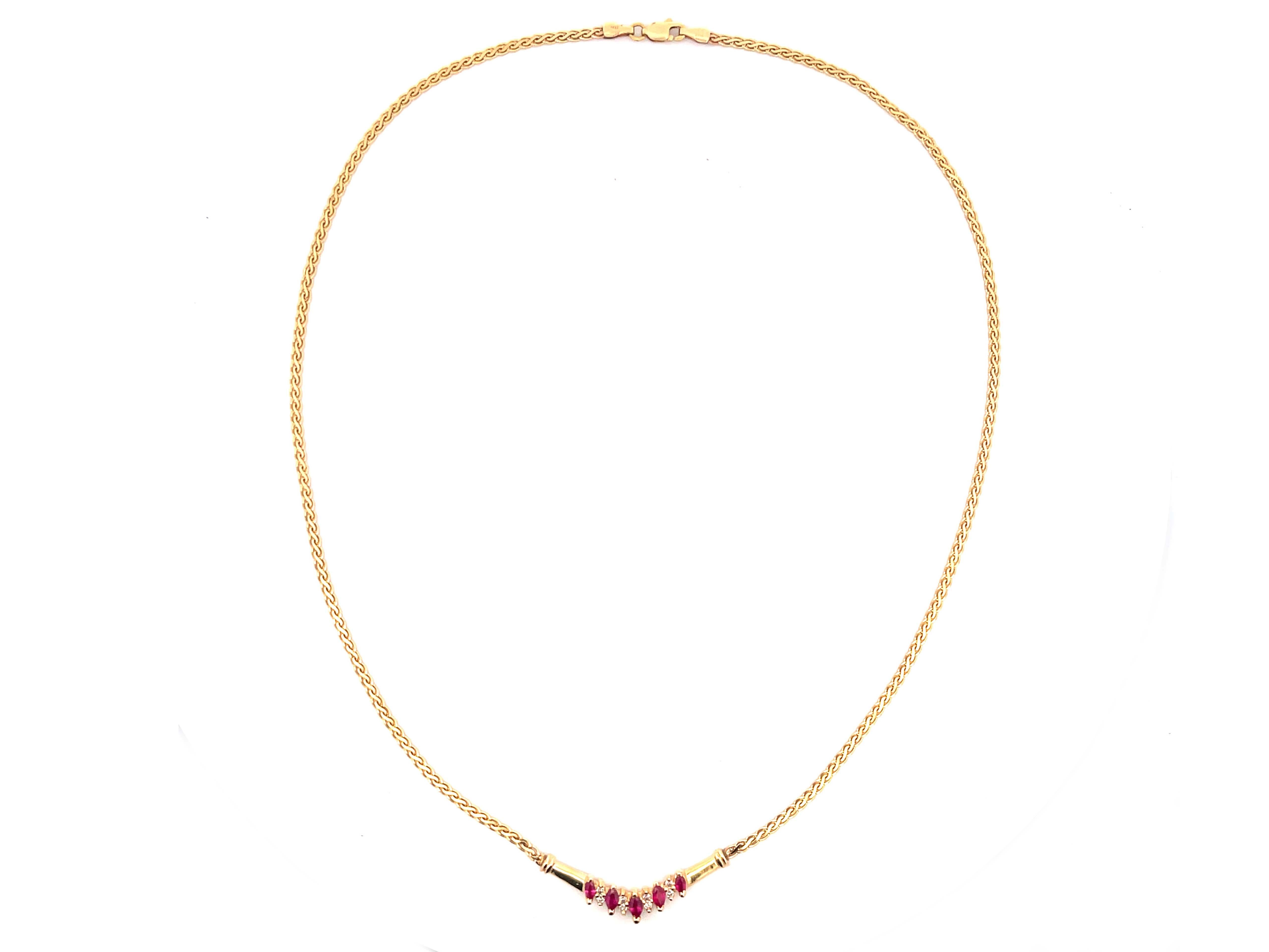 Women's Marquise Ruby and Round Brilliant Diamond Necklace in 14k Yellow Gold For Sale