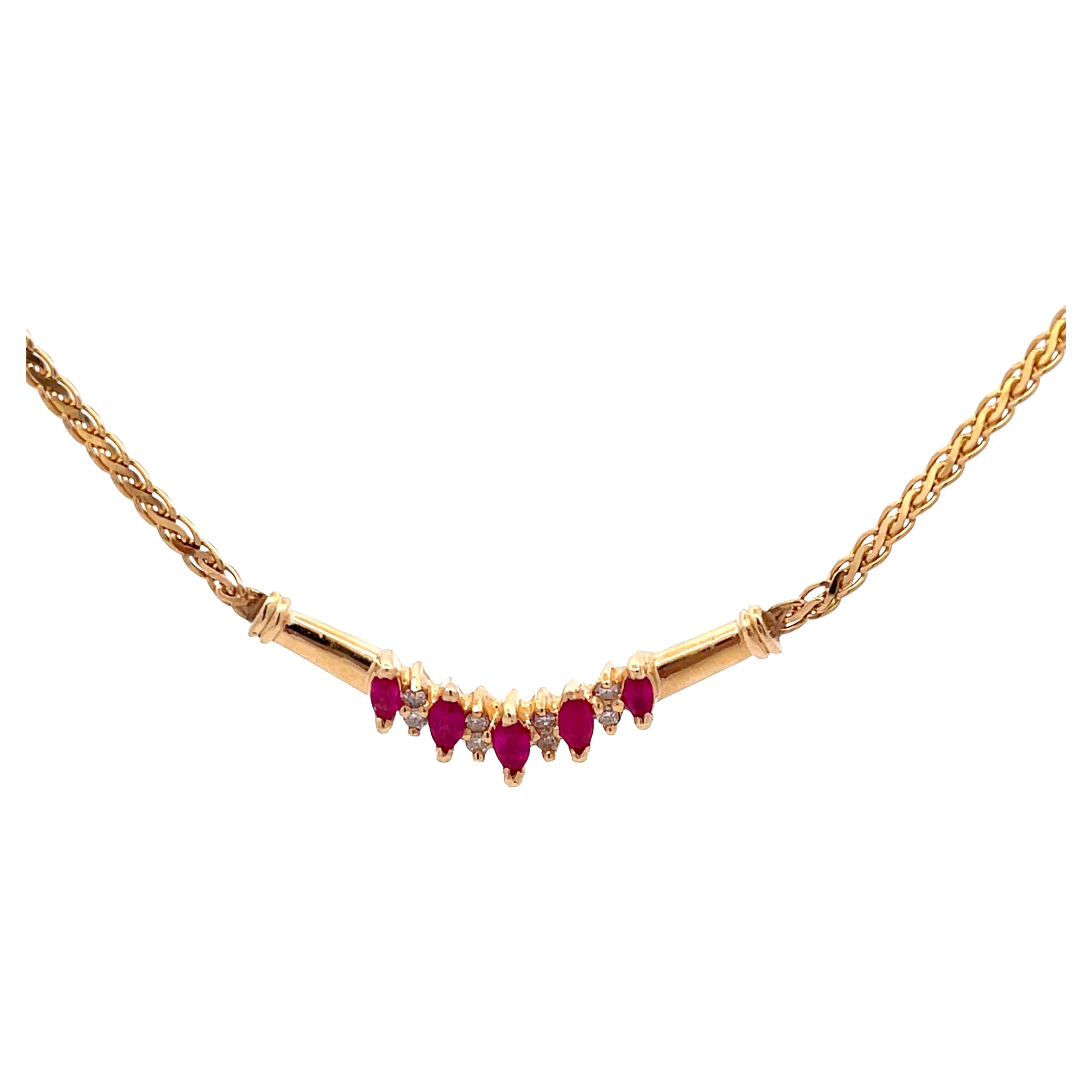 Marquise Ruby and Round Brilliant Diamond Necklace in 14k Yellow Gold For Sale