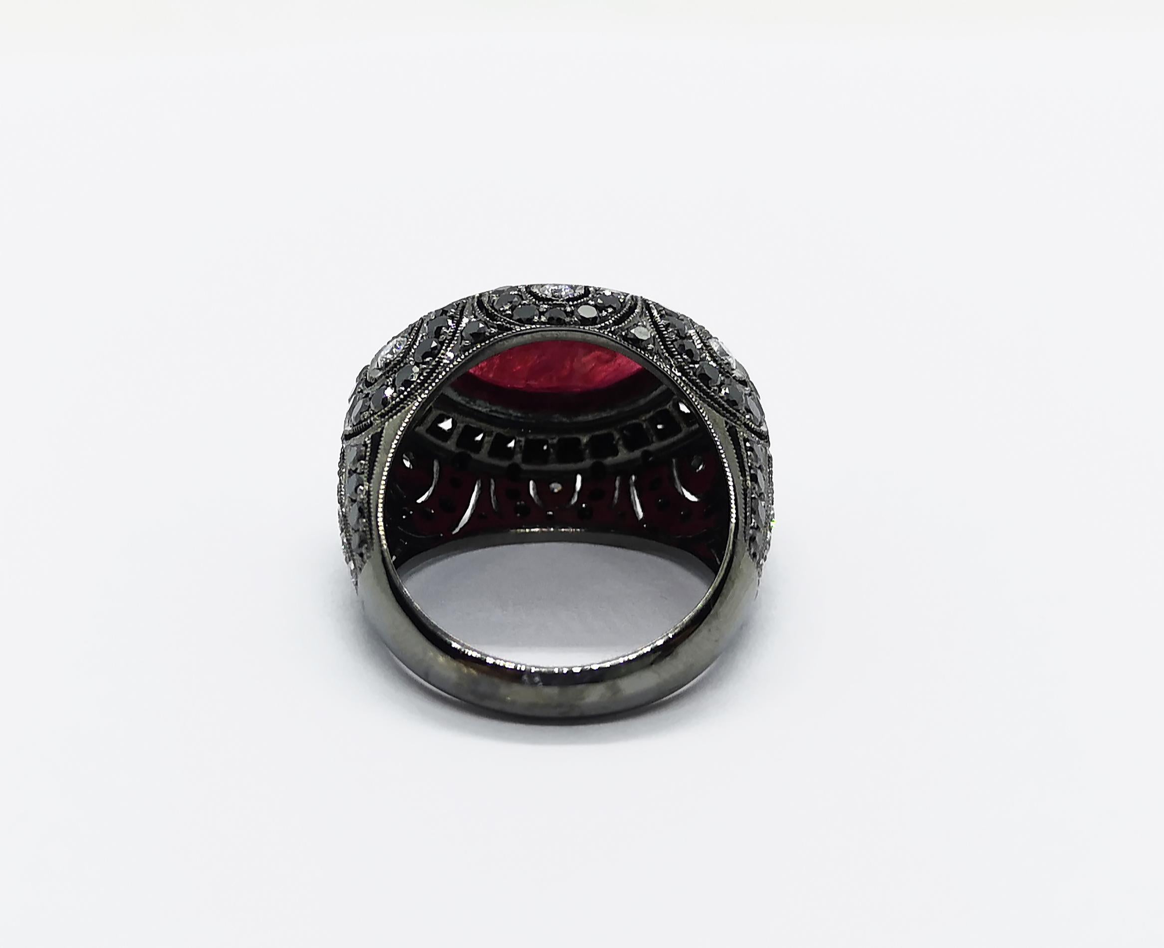 Marquise Cut Marquise Ruby, Black Diamond with Diamond Ring Set in 18 Karat White Gold For Sale