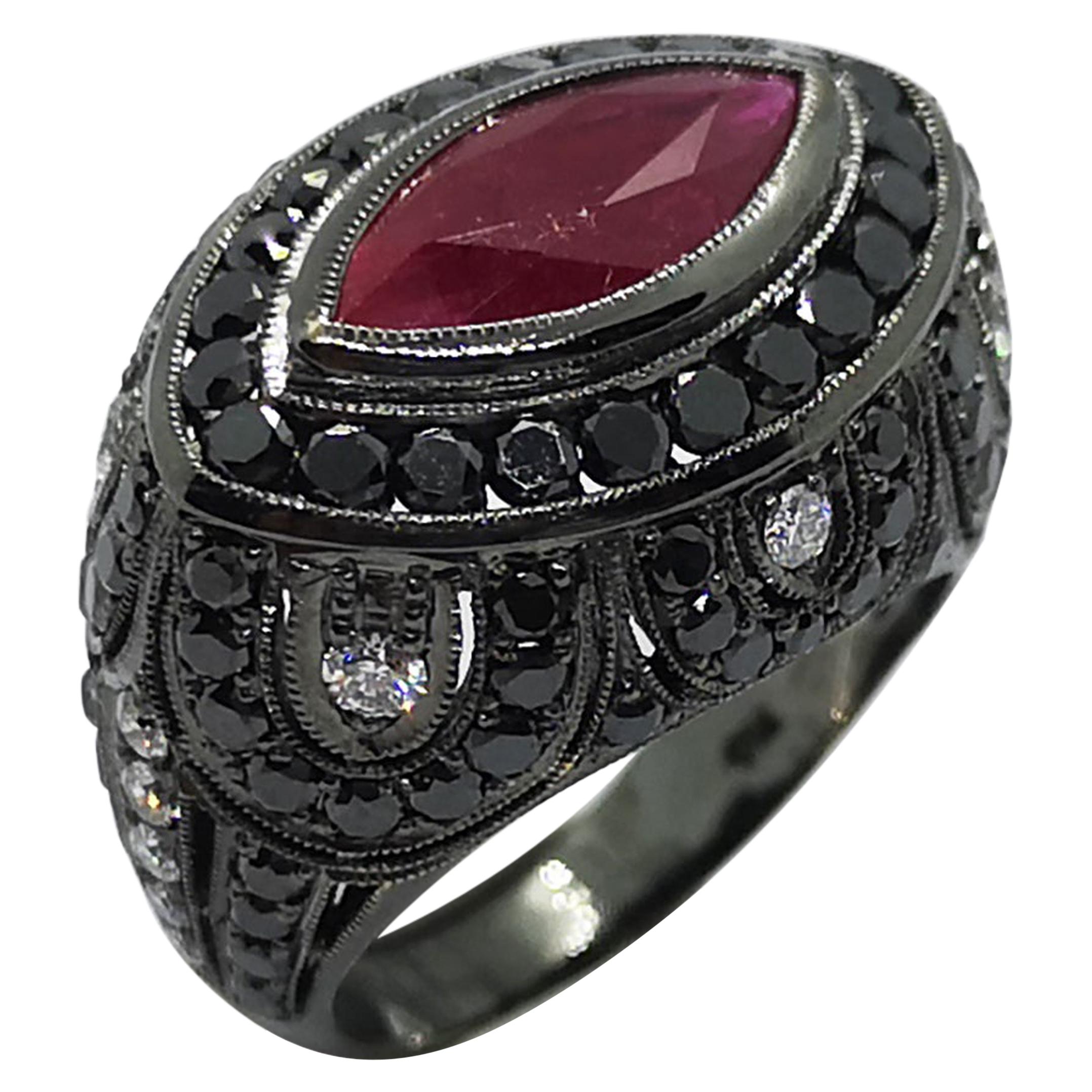 Marquise Ruby, Black Diamond with Diamond Ring Set in 18 Karat White Gold