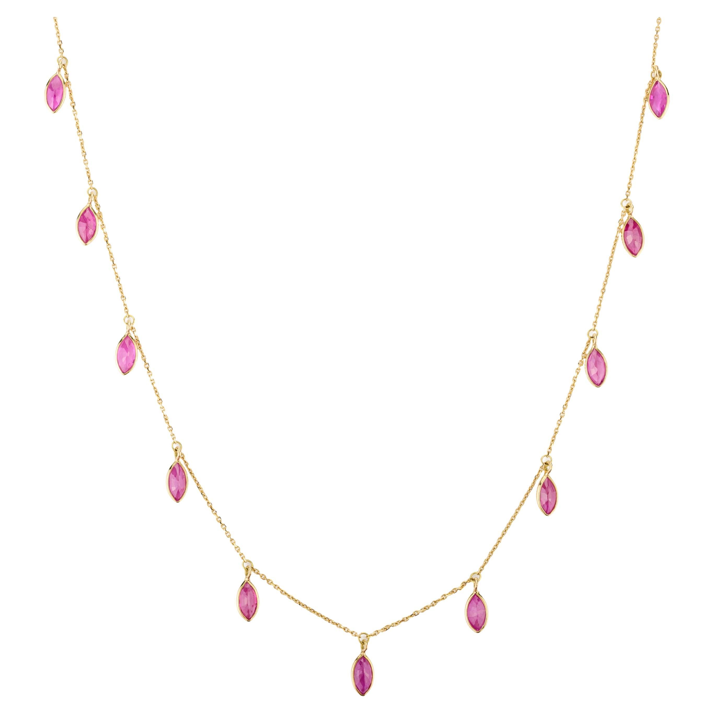 Marquise Ruby Charm Chain Necklace Girlfriend Gift in Solid 18k Yellow Gold