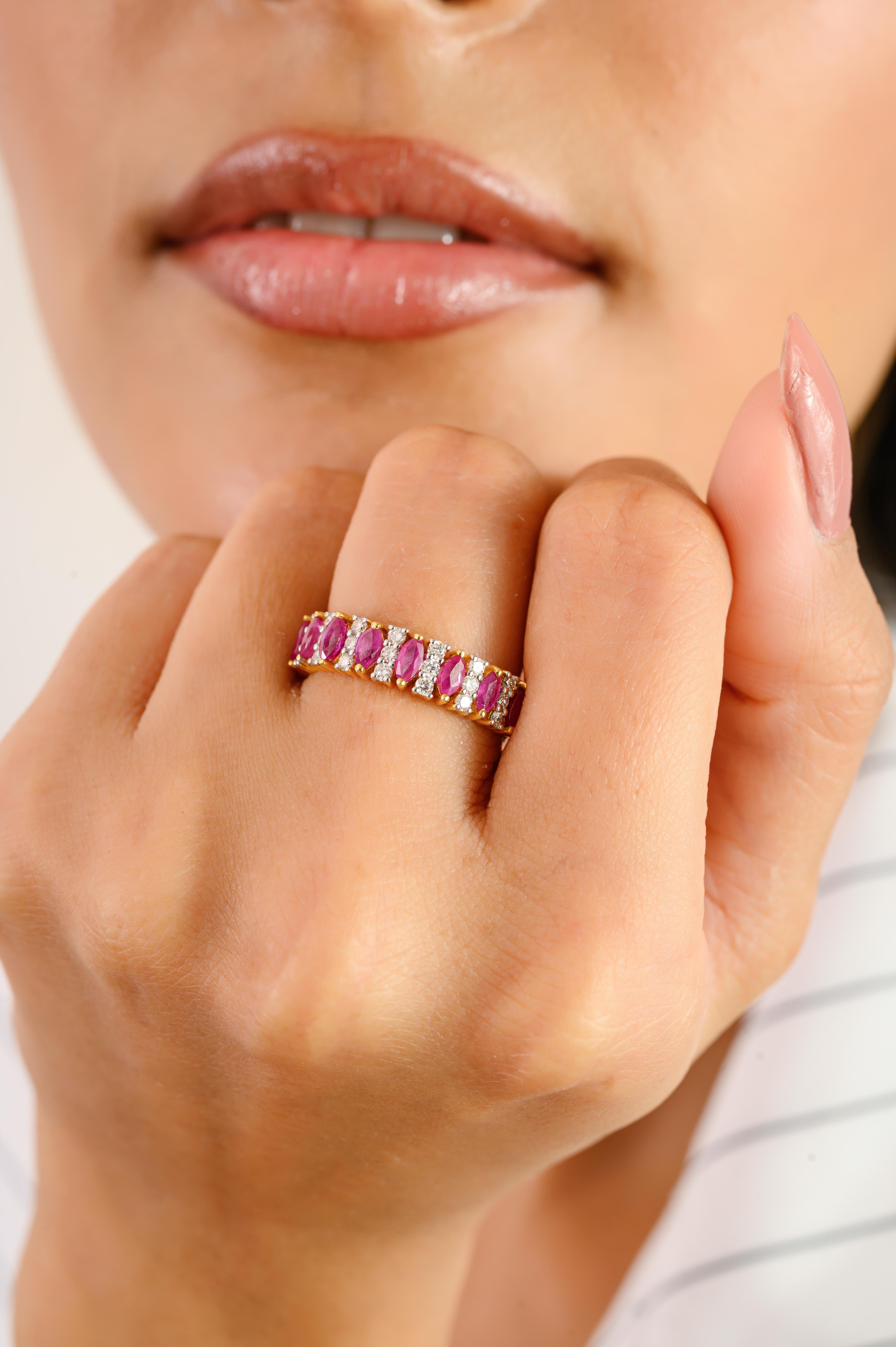 For Sale:  Marquise Ruby & Diamond Half Eternity Band Ring in 14k Yellow Gold Gift for her 2