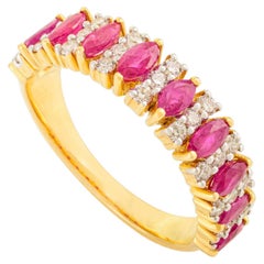 Anello a mezza eternità con rubino e diamante Marquise in oro giallo 14k Regalo per lei