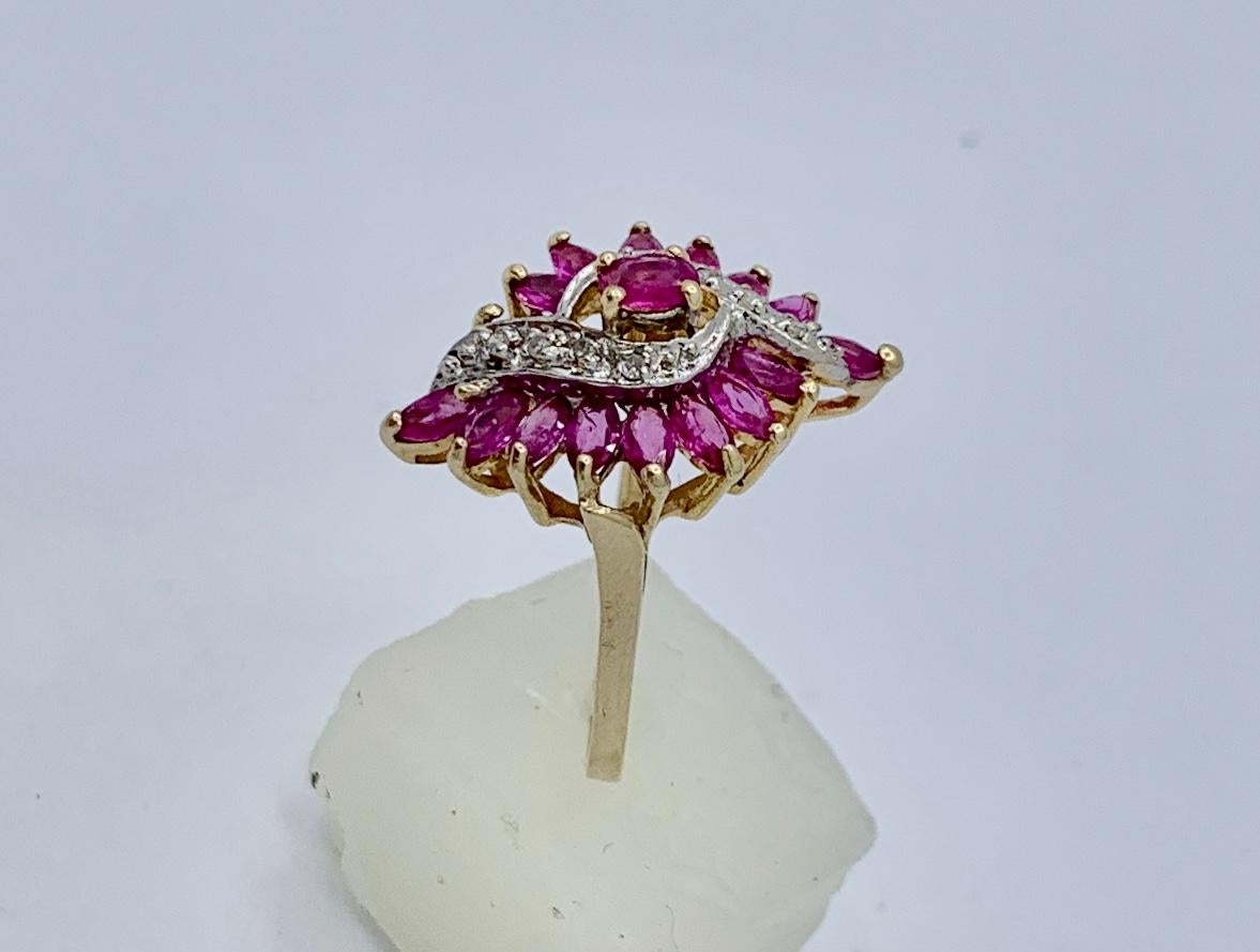 Marquise Ruby Diamond Waterfall Ballerina Ring Retro Cocktail Fashion Gold In Excellent Condition For Sale In New York, NY
