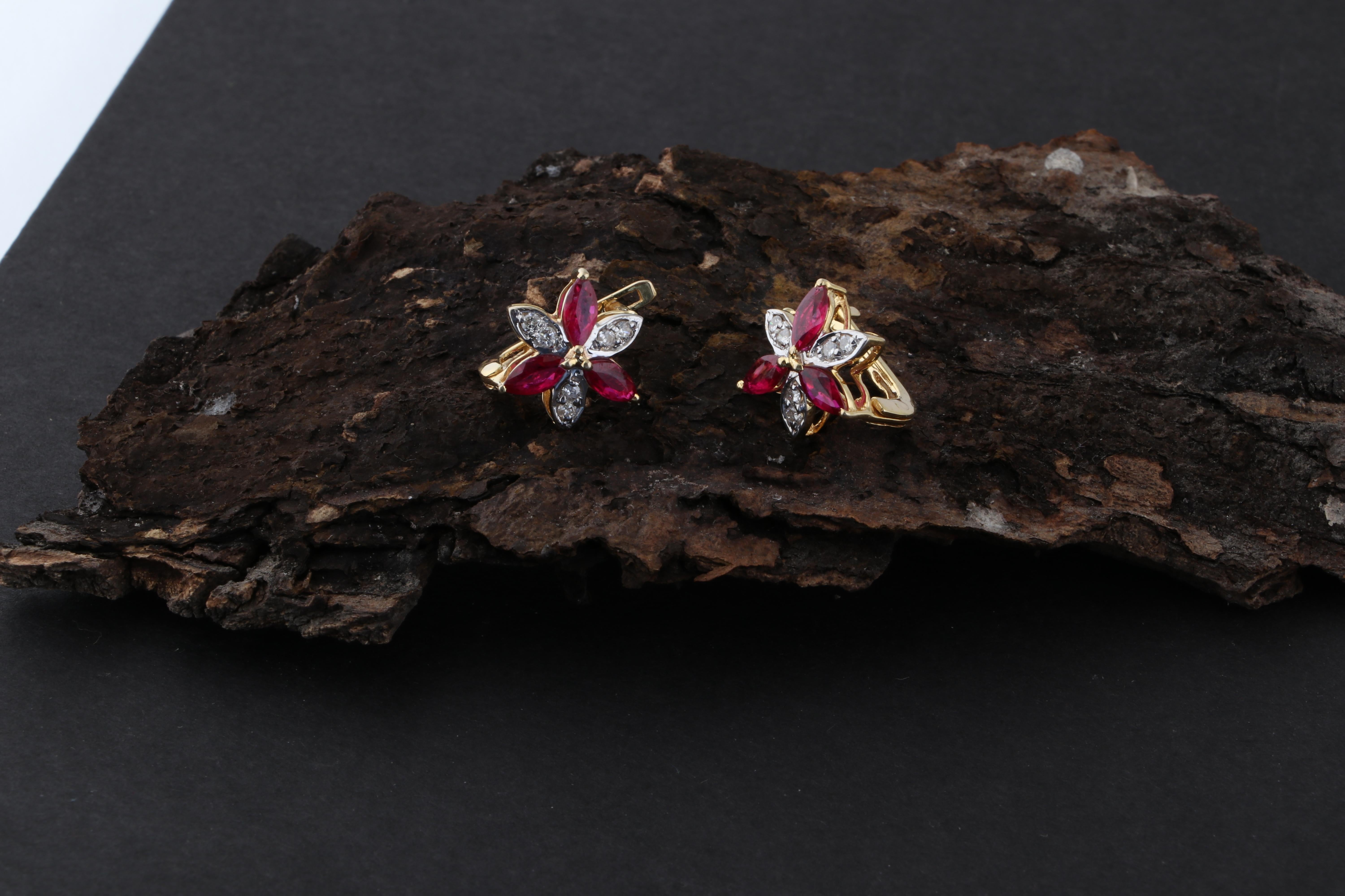 Modern Marquise Ruby Gemstone Flower Earrings Diamond 14 Karat Yellow Gold Fine Jewelry