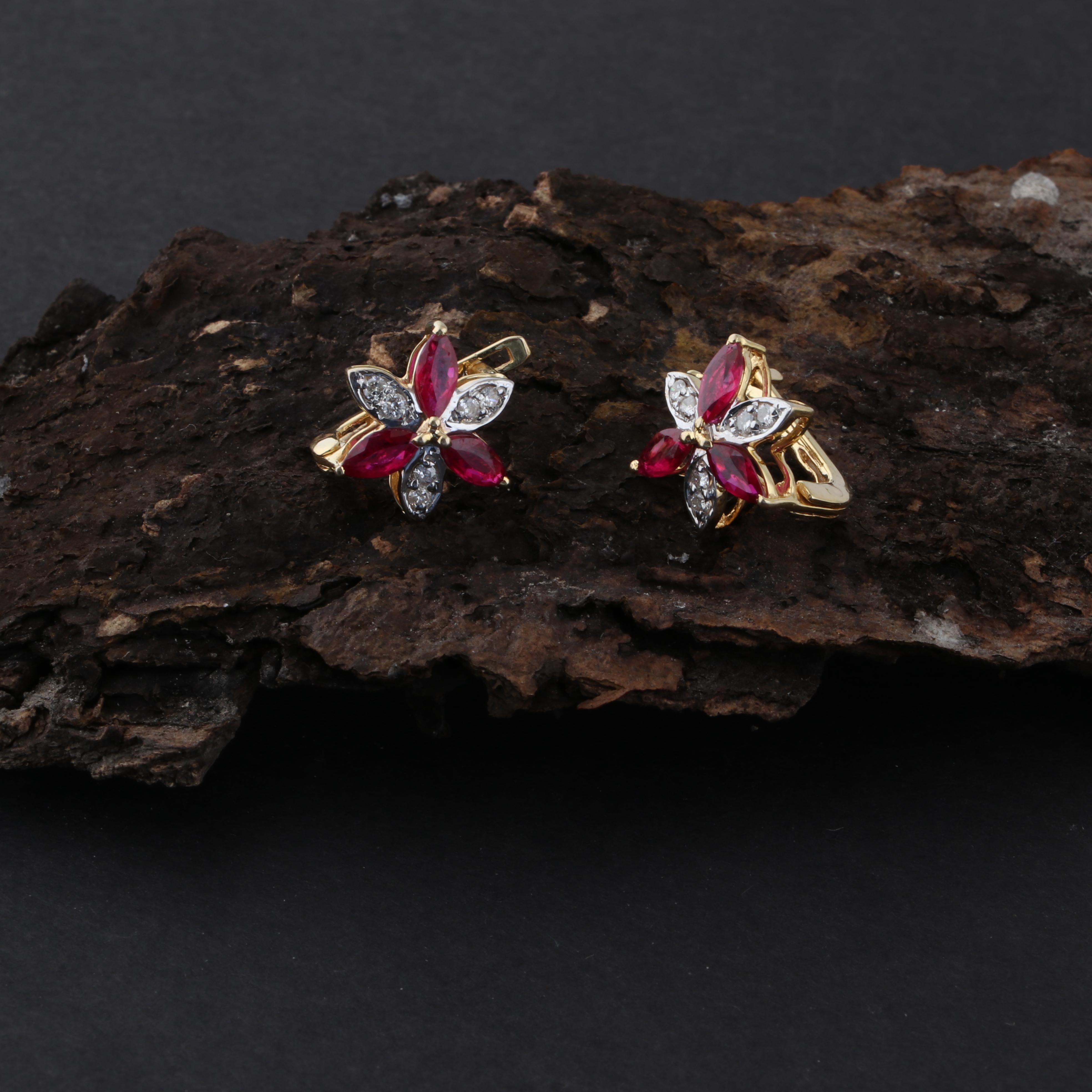 Marquise Cut Marquise Ruby Gemstone Flower Earrings Diamond 14 Karat Yellow Gold Fine Jewelry
