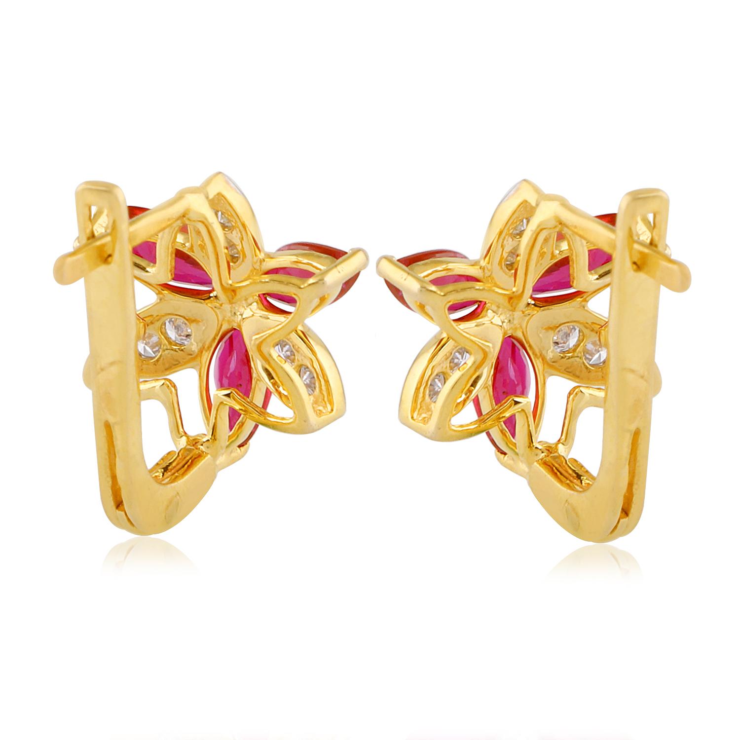 Women's Marquise Ruby Gemstone Flower Earrings Diamond 14 Karat Yellow Gold Fine Jewelry