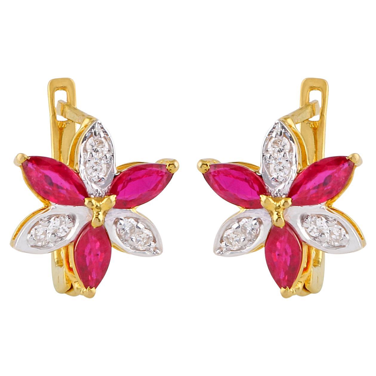Marquise Ruby Gemstone Flower Earrings Diamond 14 Karat Yellow Gold Fine Jewelry