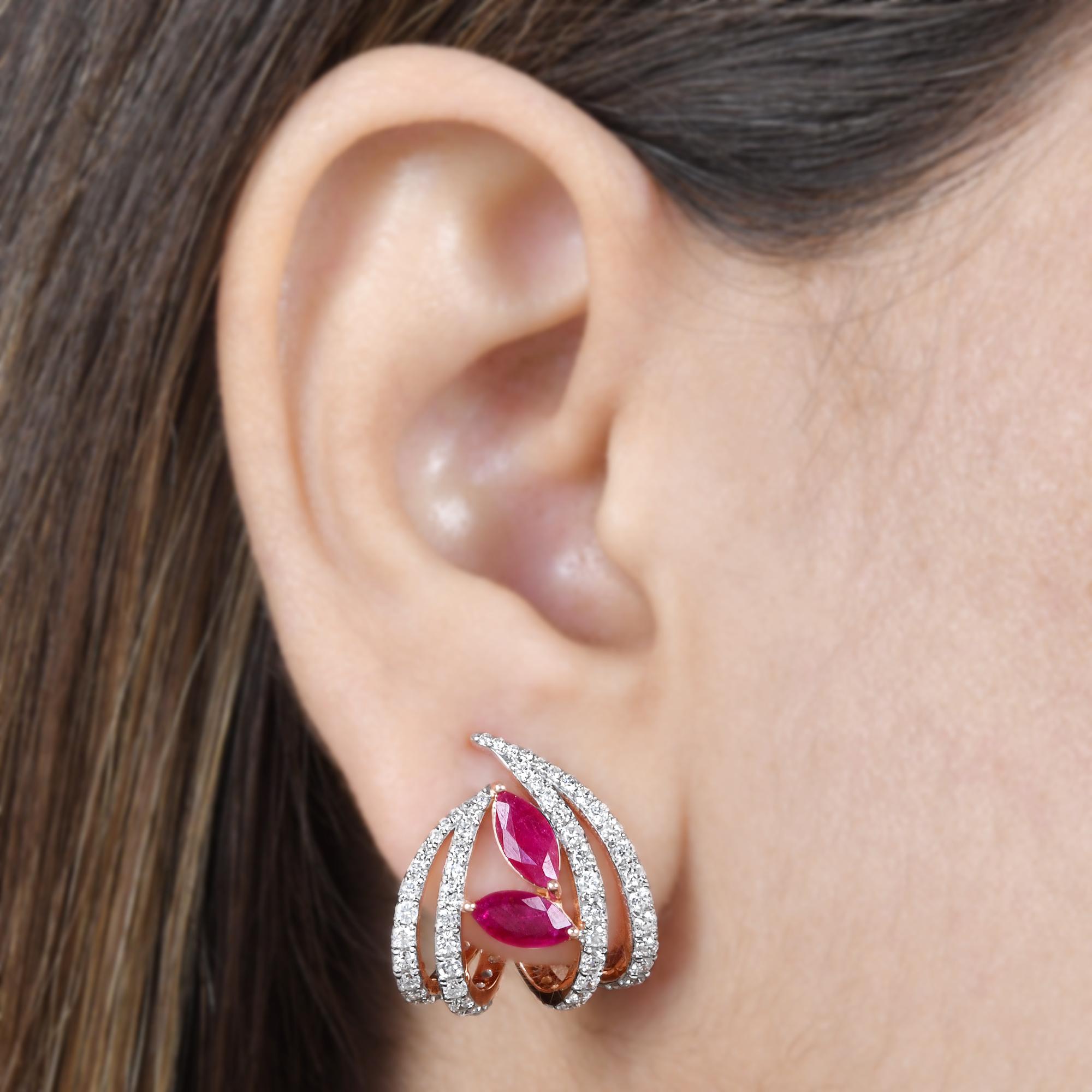 Marquise-Rubin-Edelstein-Ohrringe Minimalistische Creolen mit Diamanten 14k Roségold (Moderne) im Angebot