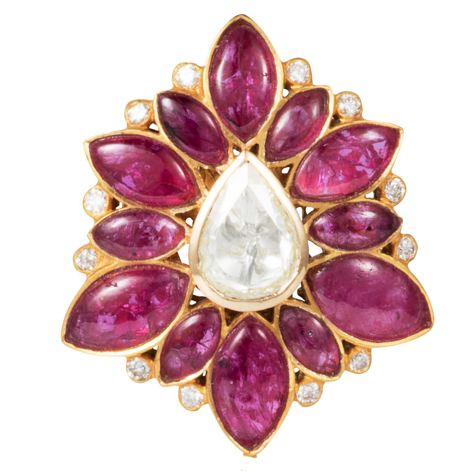 Rose Cut Manpriya B Marquise Ruby, Rose-Cut Diamond and 18 Karat Gold Pendant For Sale
