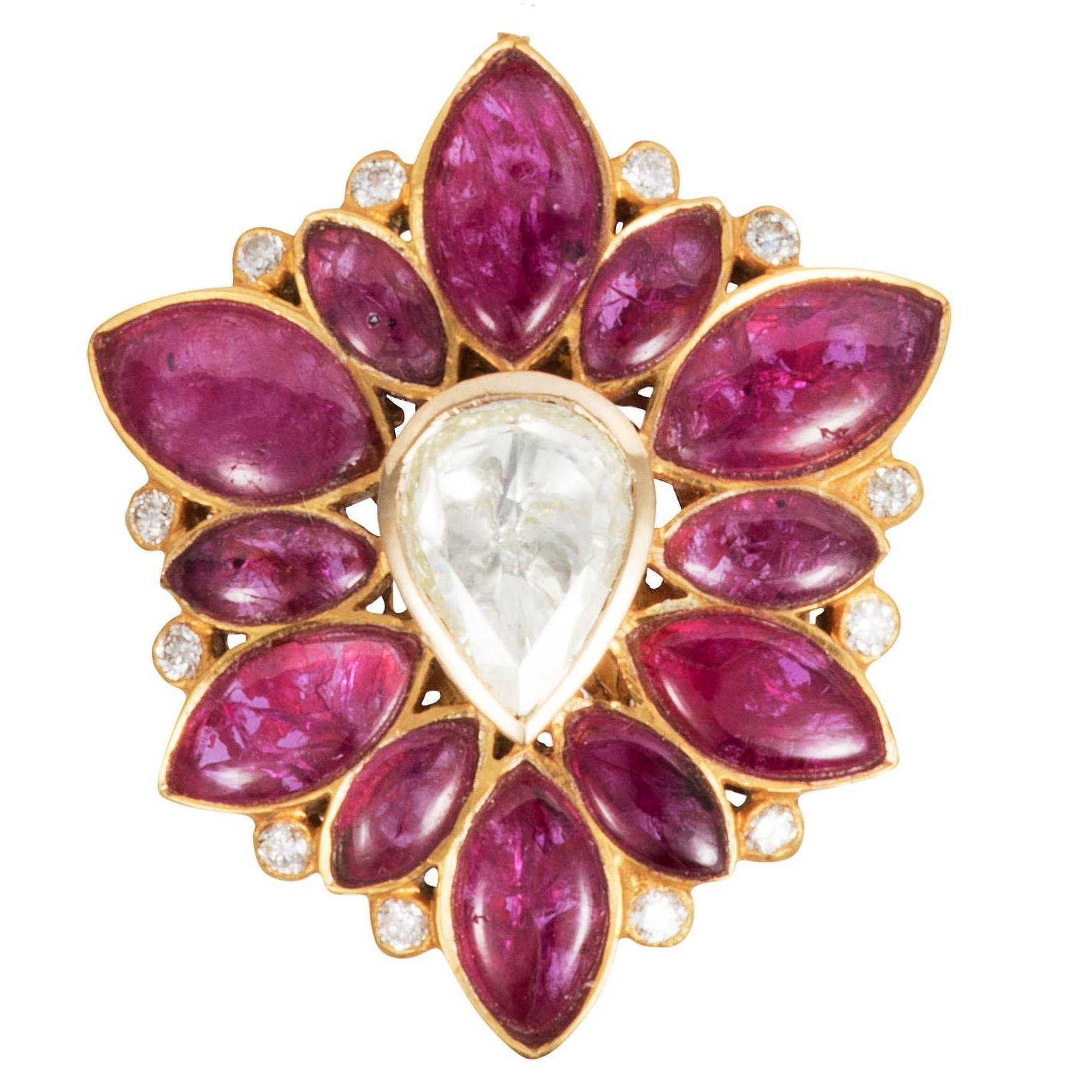 Women's or Men's Manpriya B Marquise Ruby, Rose-Cut Diamond and 18 Karat Gold Pendant For Sale